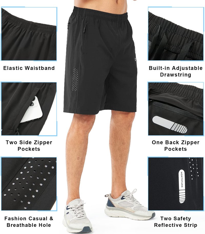 NORTHYARD Men's Athletic Running Shorts Gym Workout 7"/9"/5" Quick Dry Lightweight Sports Basketball Tennis 3 Zipper Pockets Black-9inch S
