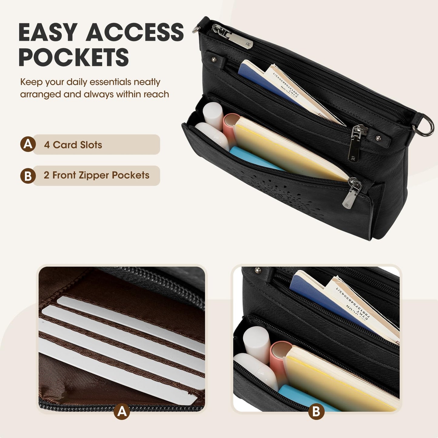 RAINSMORE Crossbody Bags for Women Leather Medium Crossbody Purse with Card Slots & Adjustable Strap Water-Resistant Womens Shoulder Handbag for Work Travel, Black