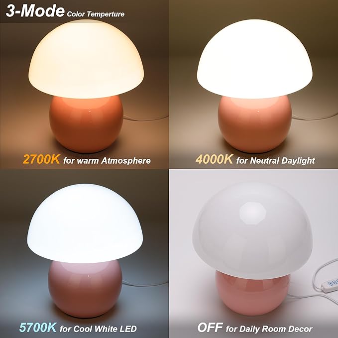 Small Mushroom Lamp,USB-Plug in Bedside Table Lamps with 3-Temperature LED Bulb Dimmable,Unique Cute Aesthetic Home Decor for Living Room,Bedroom, Modern Ceramic Base Glass Lamp(Pink)