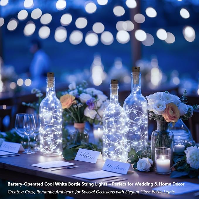10 Pack Bottle Lights with Cork, 20 LED 7ft Cool White Copper Wire String Lights for Wine Bottles, Battery Operated Decorative Fairy Lights for DIY, Home, Party, Wedding Decor (Cool White)