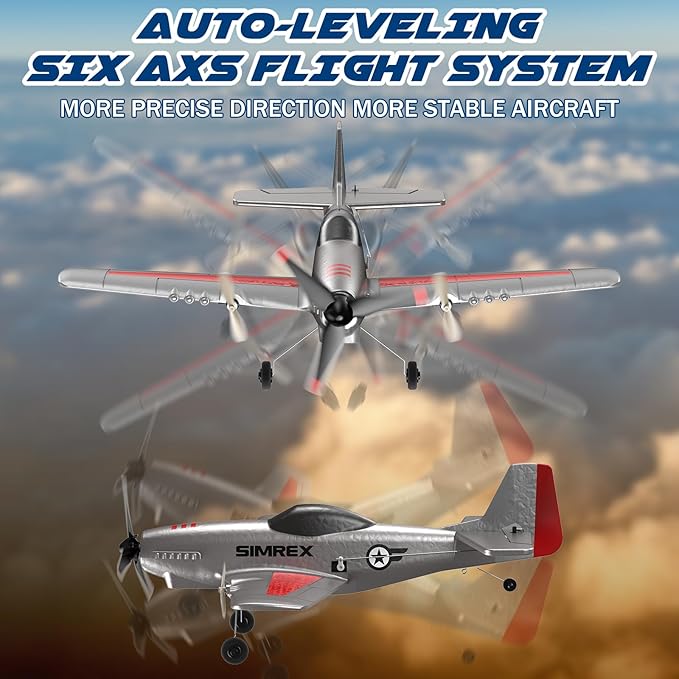 SIMREX RC Plane for Kids - 2.4GHz 3-Channel Remote Control Airplane Toy with 6-Axis Gyro 2 Speeds 2 Batteries P51 RC Airplane Foam Glider - Gift for Boys &amp Girls