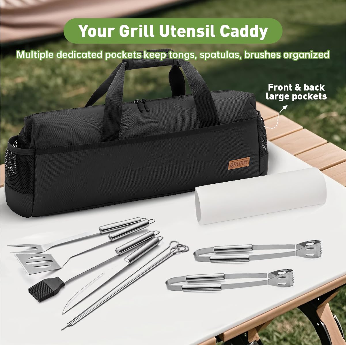 QYILUARE 22" Grill Tool Storage Bag,Heavy Duty 1680D Waterproof BBQ Tools Bag,Large Grill Utensil Storage Caddy with Pockets, BBQ Accessories Bag Compatible with Blackstone