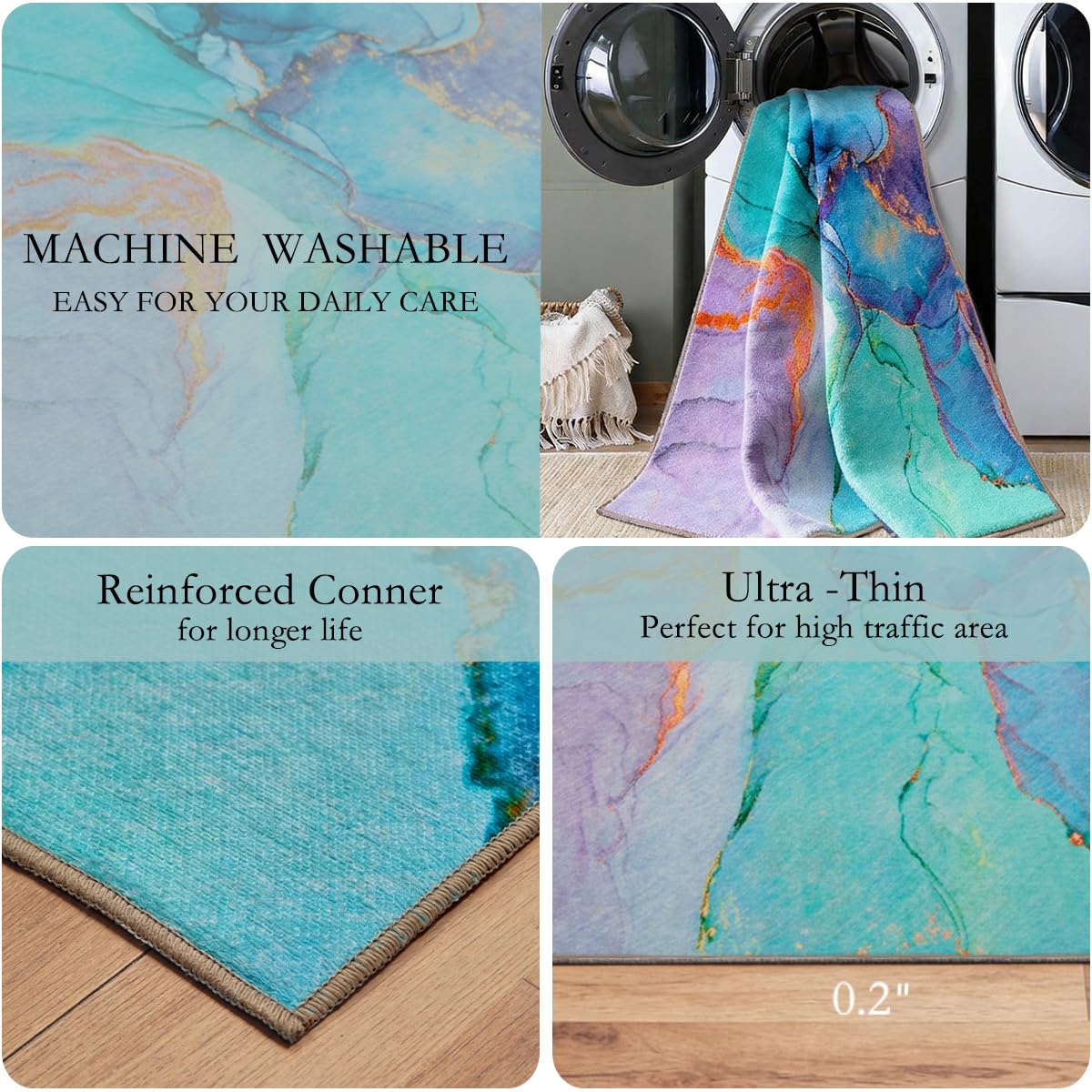 Abstract Washable Indoor Outdoor Rug, 5' x 7.6', Stain Resistant, Easy Clean, Teal Rug for Indoor/Outdoor Patio, Deck, Porch, Garden, Courtyard
