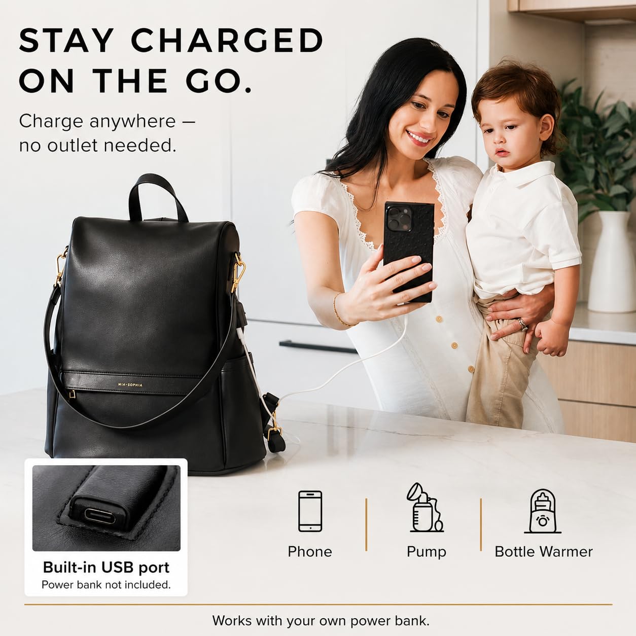MIA + SOPHIA Leather Diaper Bag Backpack with USB Charging port, Changing Pad, Stroller Straps (Black Mia)