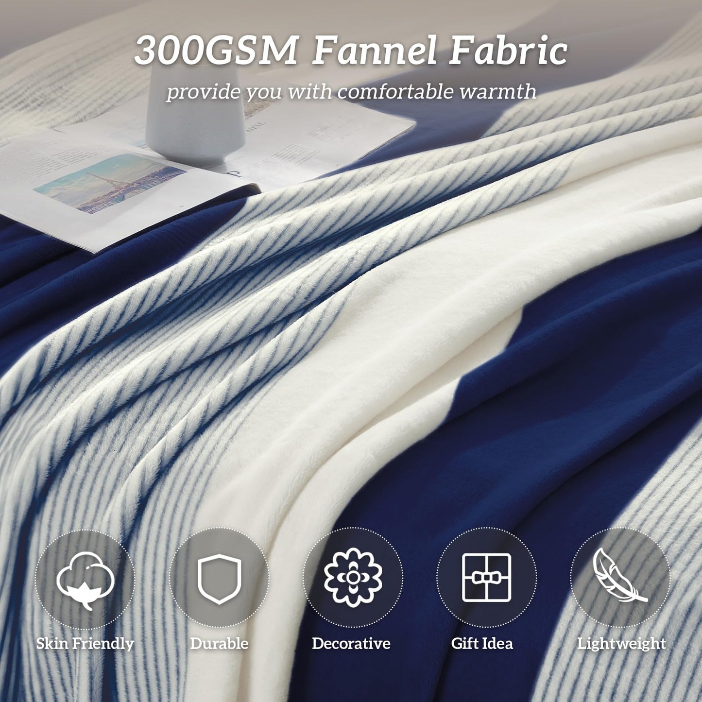 Homelike Moment Fleece Throw Blanket for Couch, Blue Soft Fluffy Blankets Throws, Fuzzy Cozy Plush Flannel Blanket for Sofa, Comfy Warm Lightweight Bed Blanket Striped (Navy Blue, 50x60IN)