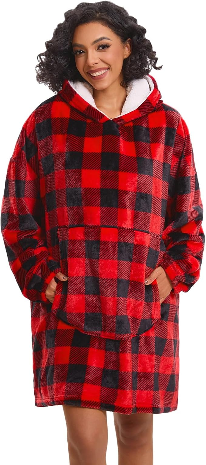 Wearable Blanket Hoodie Red Plaid Warm Sweatshirt Hooded Blanket One Size Fits All