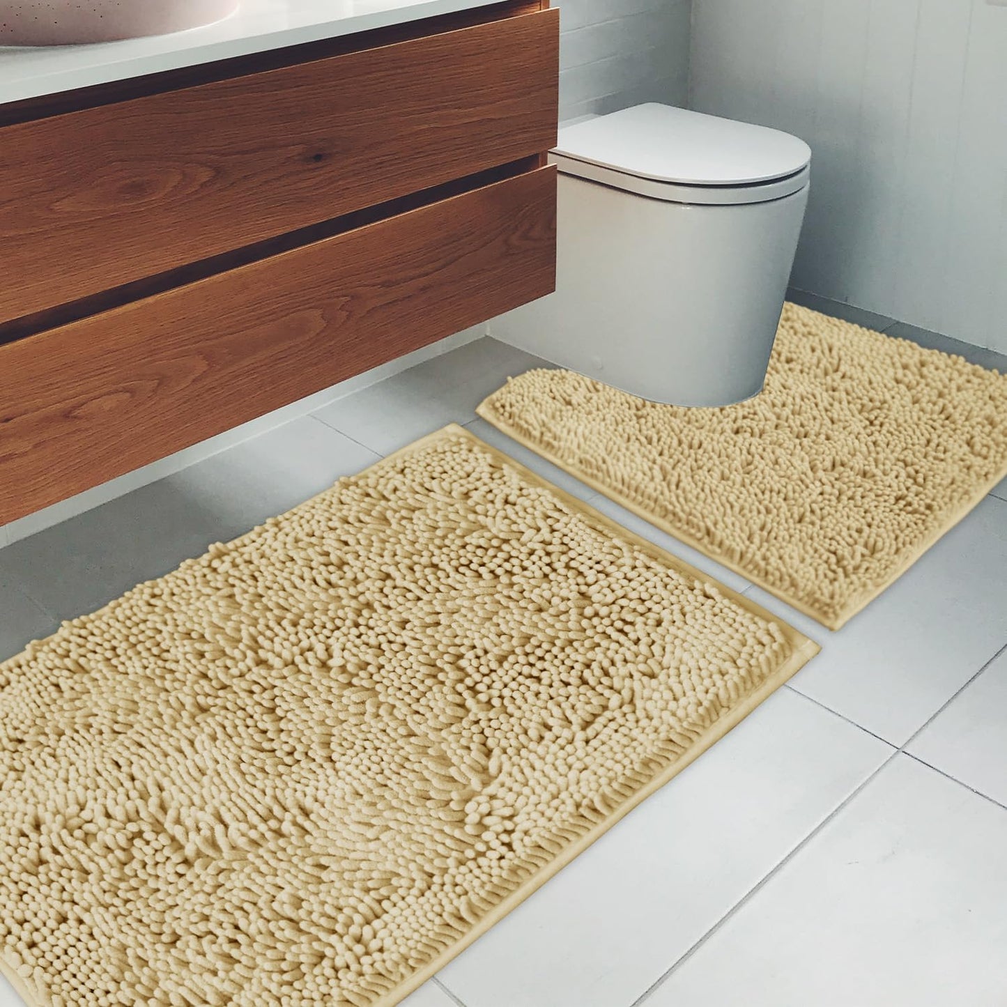 AINAHYVA Bathroom Rugs Chenille Bath mat 2 Piece Set, Super Absorbent, Strong PVC Non Slip Backing, Bath mats for Bathroom, Plush Shaggy, Thick, Machine Washable, Bathtub, Shower, Toilet.(Beige)
