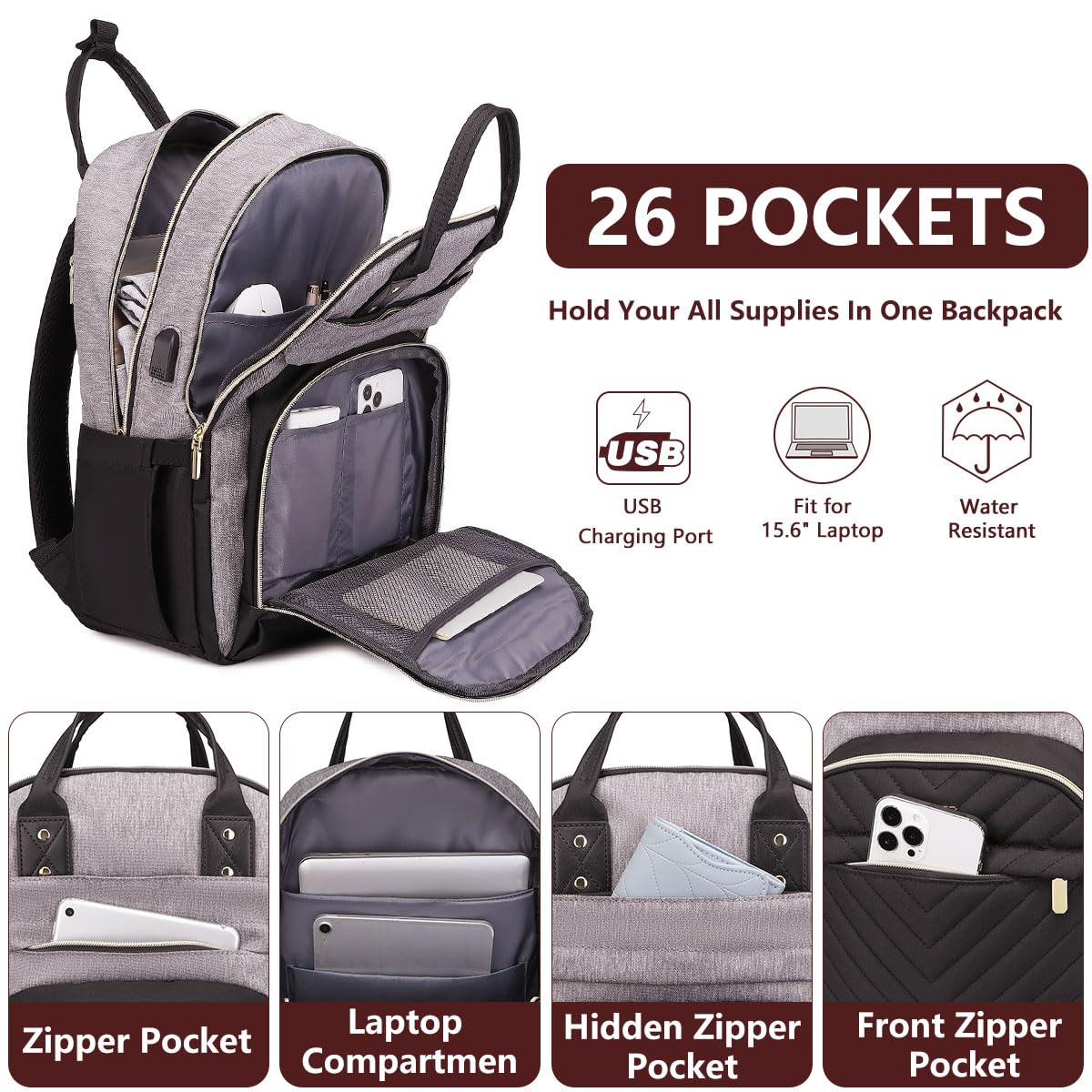 bagswan Laptop Backpack for Women/Men, Fits 15.6 Inch Laptop Bag, Fashion Travel Work Anti-theft Bag, Business Computer Waterproof Backpack Purse, Grey Black