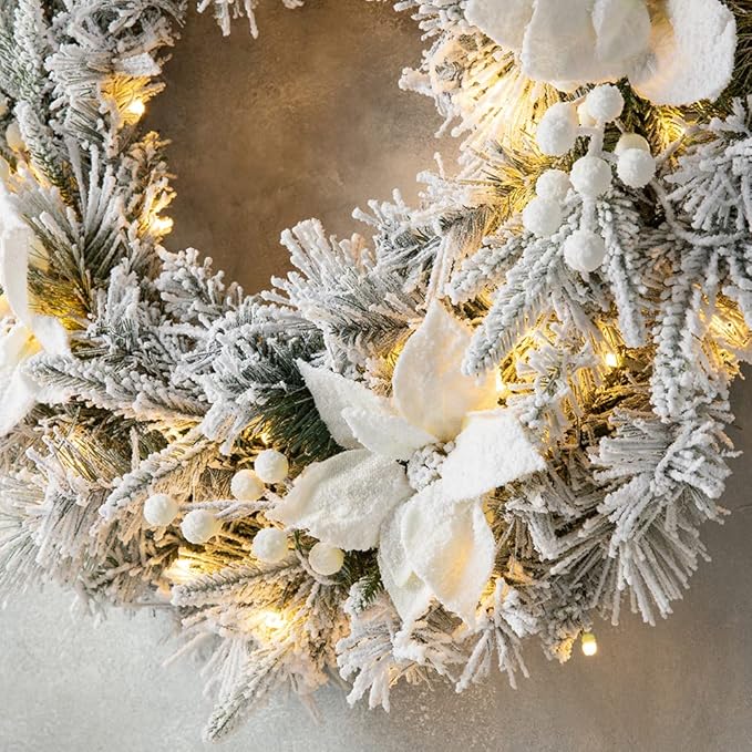 Glitzhome 24" D Pre-Lit Snow Flocked Greenery Pine Poinsettia Christmas Wreath, with 50 Warm White Lights with Timer