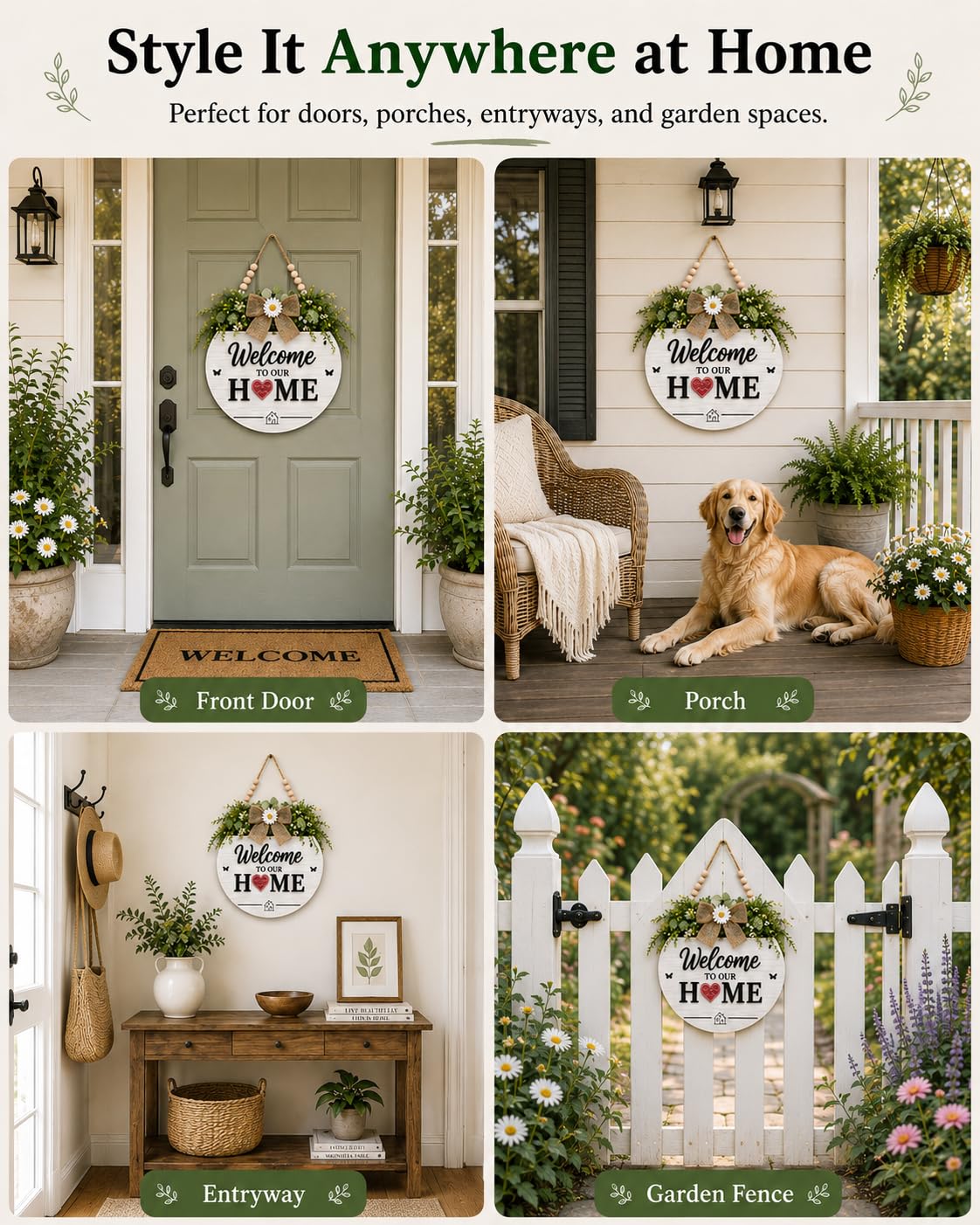 Interchangeable Welcome Sign for Front Door, Round Farmhouse Door Hanger with 12 Changeable Seasonal Magnets, Welcome to Our Home Porch Decor, Rustic Wood Look Wall Sign for Entryway and Housewarming Gift