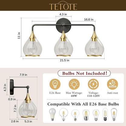 TETOTE 3-Light Modern Bathroom Light Fixtures, 3 Light Vanity Lights Over Mirror Black & Gold Wall Lamp with Clear Glass for Bathroom, Mirror, Living Room, Bedroom, Hallway