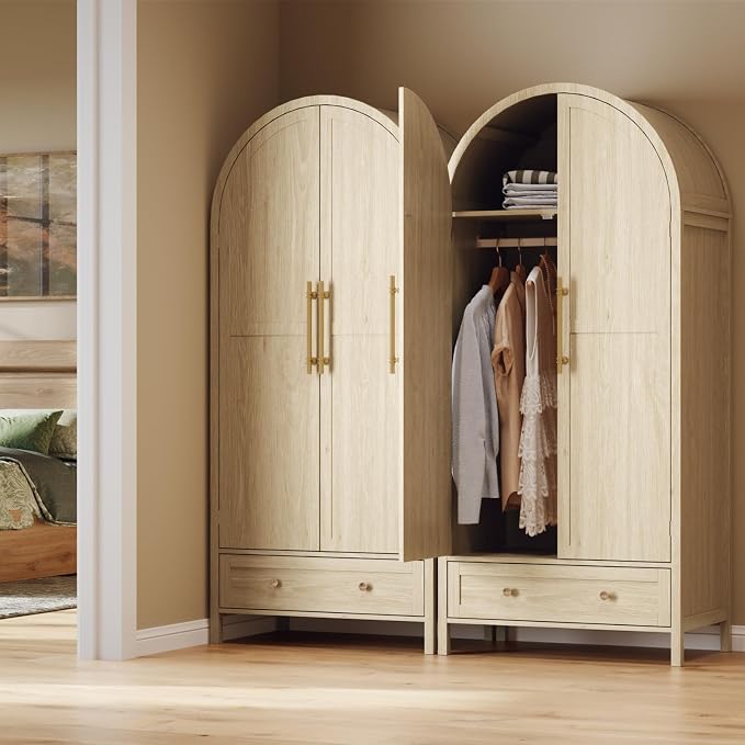 VINGLI Arched Wardrobe Closet Armoire with Drawer, 70" Tall Wooden Wardrobe Closet,Clothing Storage Cabinet, Large Capacity Storage, Natural Oak