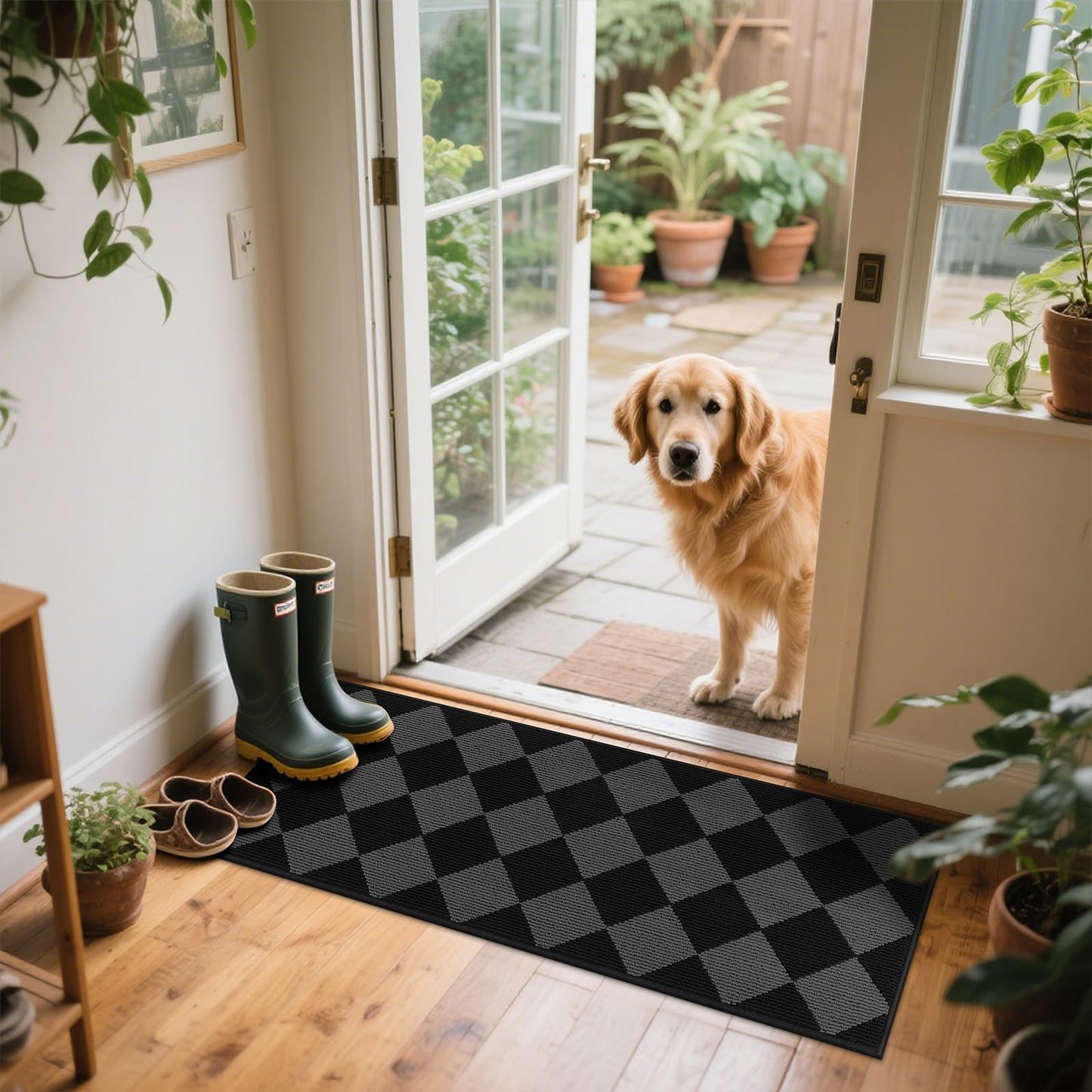 SHACOS 3Pcs Kitchen Rug, Checkered Kitchen Mat for Floor, Washable Non Slip Runner Rug for Hallway Entryway, Kitchen Runner Set for Kitchen, Front of Sink (17"x30"+17"x47"+17"x59", Black/Grey)