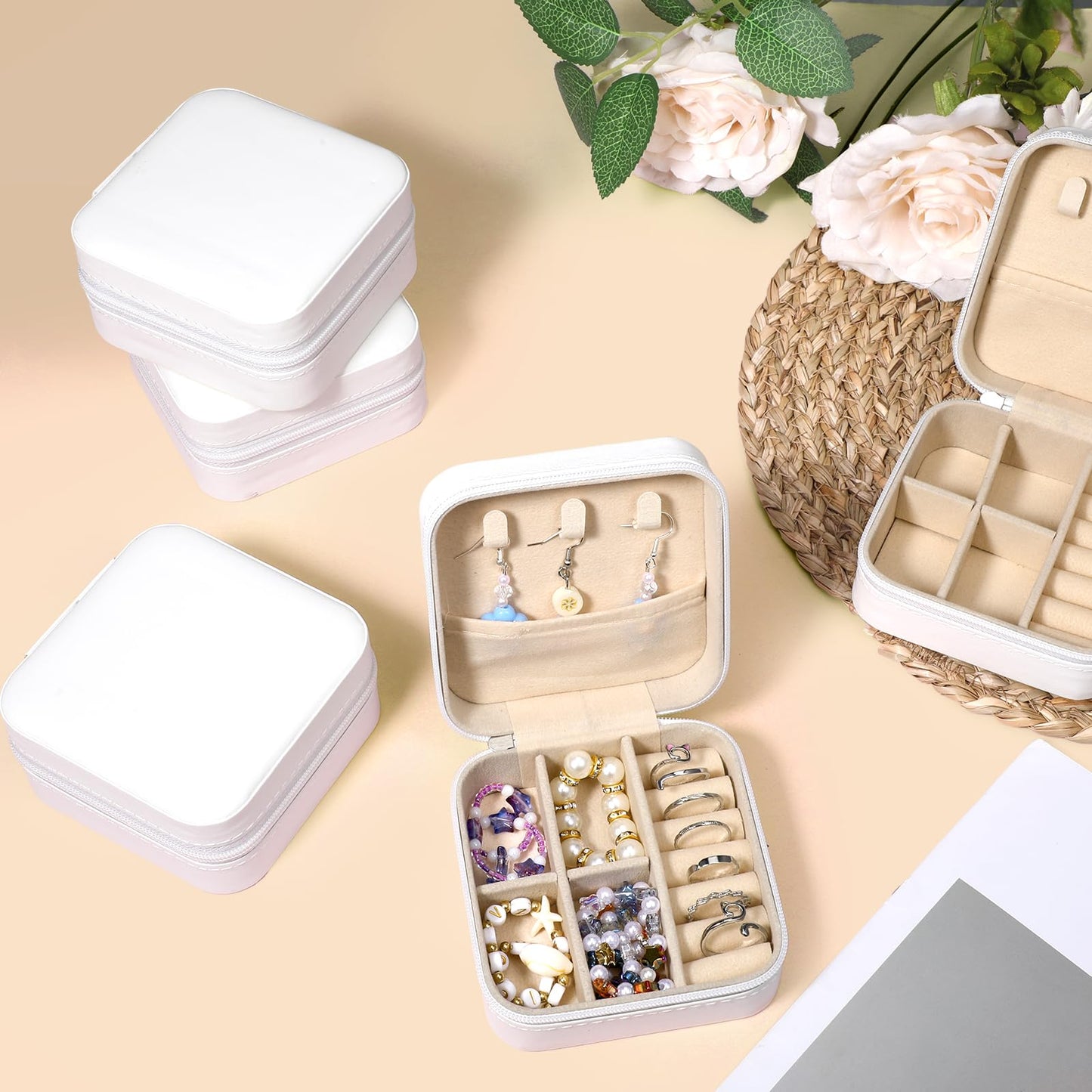12 Pack Small Travel Jewelry Box Bulk Bridesmaid Proposal Gift Boxes Portable Mini Travel Jewelry Case PU Leather Earring Storage Box with Dividers for Women Girls Rings Necklace Earring Organizer