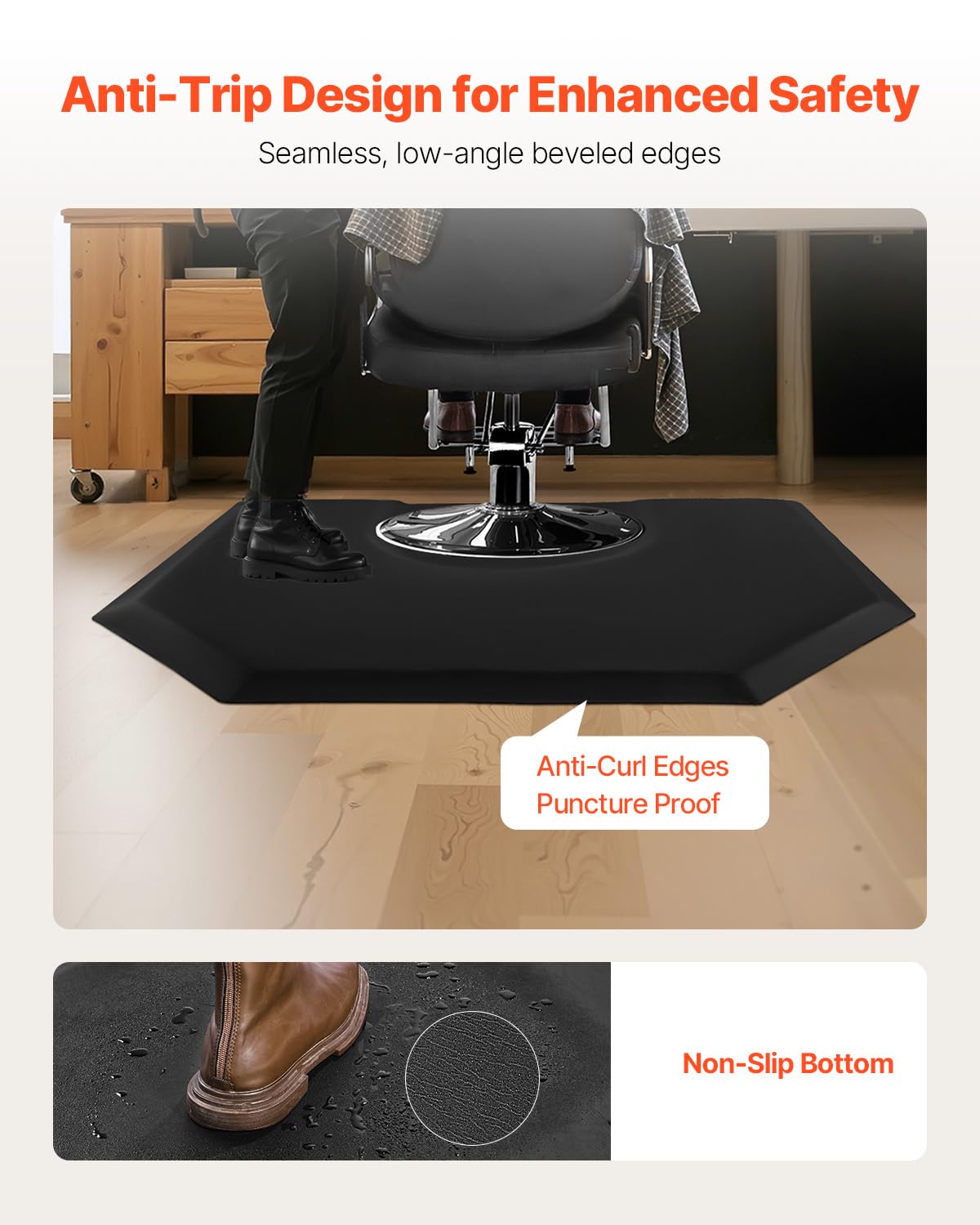 VEVOR Salon Mat for Hair Stylist, 4 x 5 FT Hexagon Salon Chair Mat Anti Fatigue, 1-inch Thickened Barber Shop Floor Mat with Round Cut Out, Easy-to-Clean PVC Surface & Anti-Trip Beveled Edges
