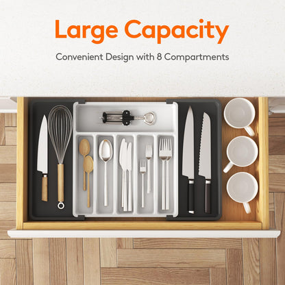 Lifewit Silverware Drawer Organizer, Expandable Utensil Tray for Kitchen, BPA Free Flatware and Cutlery Holder, Adjustable Plastic Storage for Spoons Forks Knives, 8.5"-14.1" x 12.1", Black
