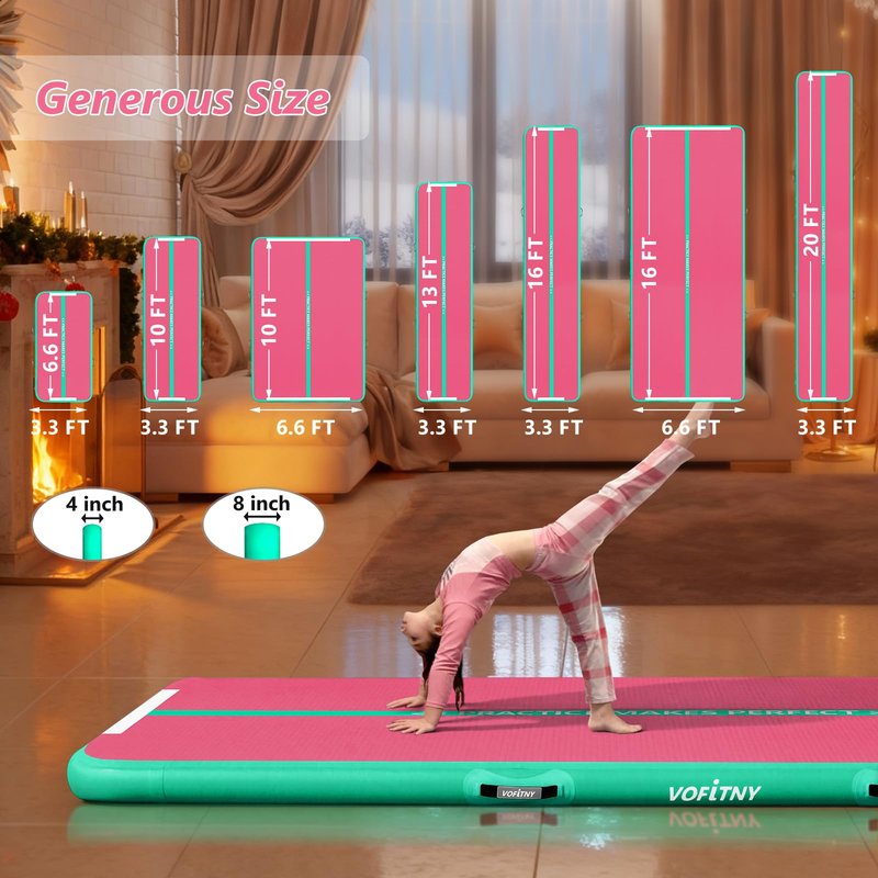 VOFiTNY All Purpose Gymnastics Air Mat 10’x3.3’x4’’ Sturdy Tumble Track for Home/Gym Pink/Green