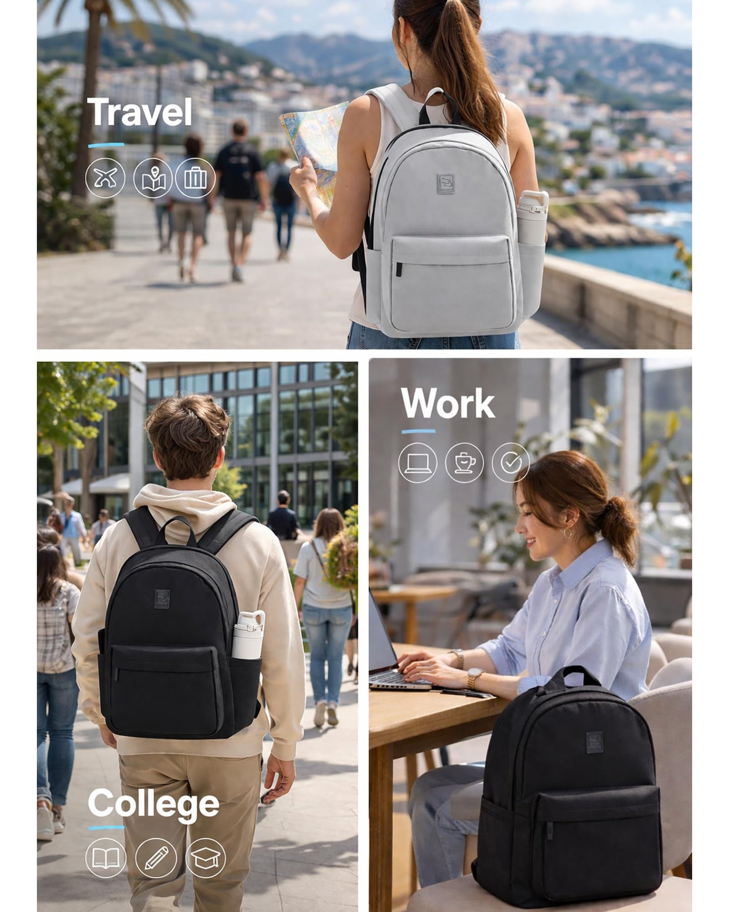 Hanke Travel Backpack for Women Men, 15.6 Inch Laptop College Backpack, Lightweight Small Computer Bookbag, Water-Resistant Casual Daypack, Grey