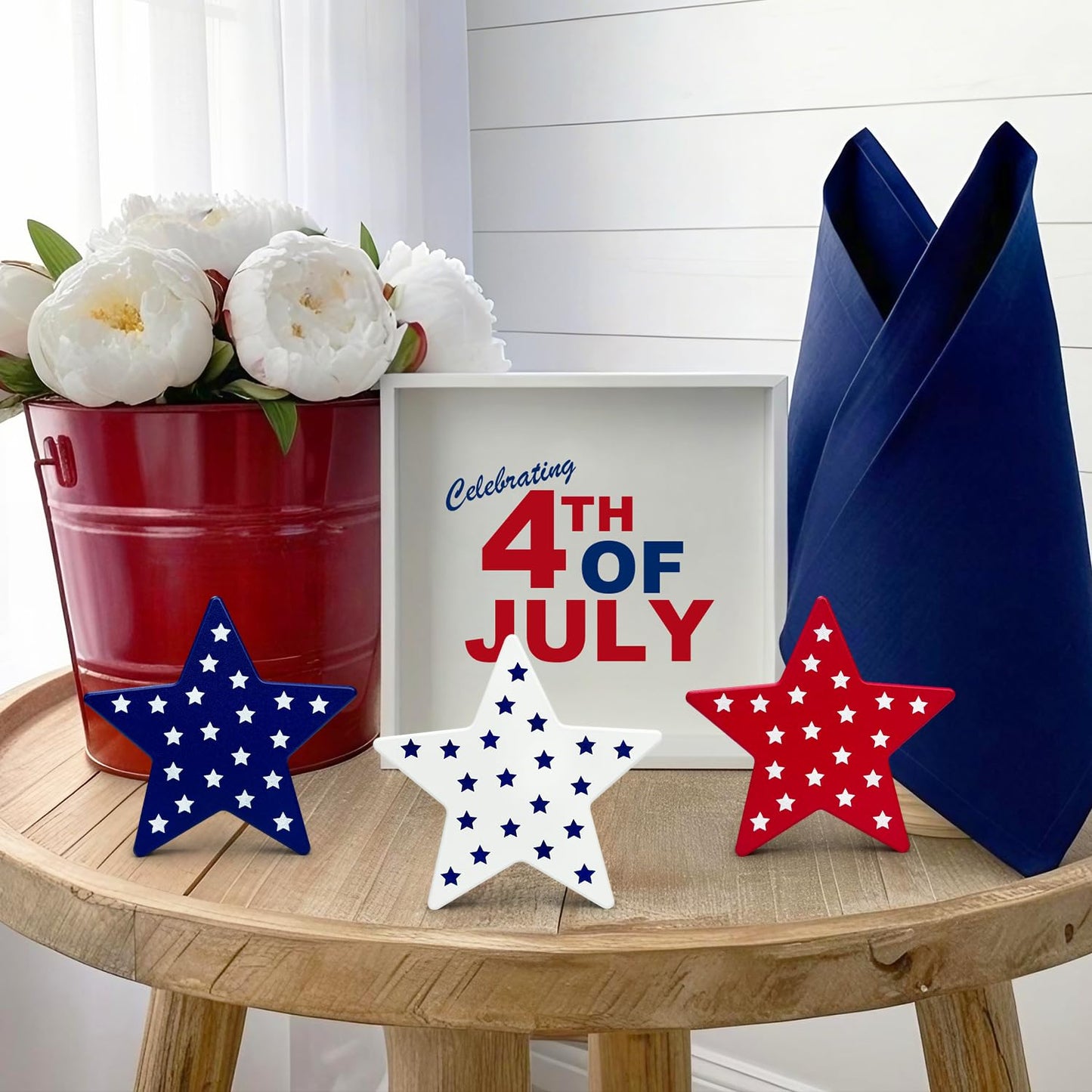 4th of July Table Decorations 3 PCS, Fourth of July Red White Blue Wooden Star Decor Centerpiece for Indoor Home, 250th Anniversary Memorial Day Patriotic Gift Sign for Mantel Office Tiered Tray Party