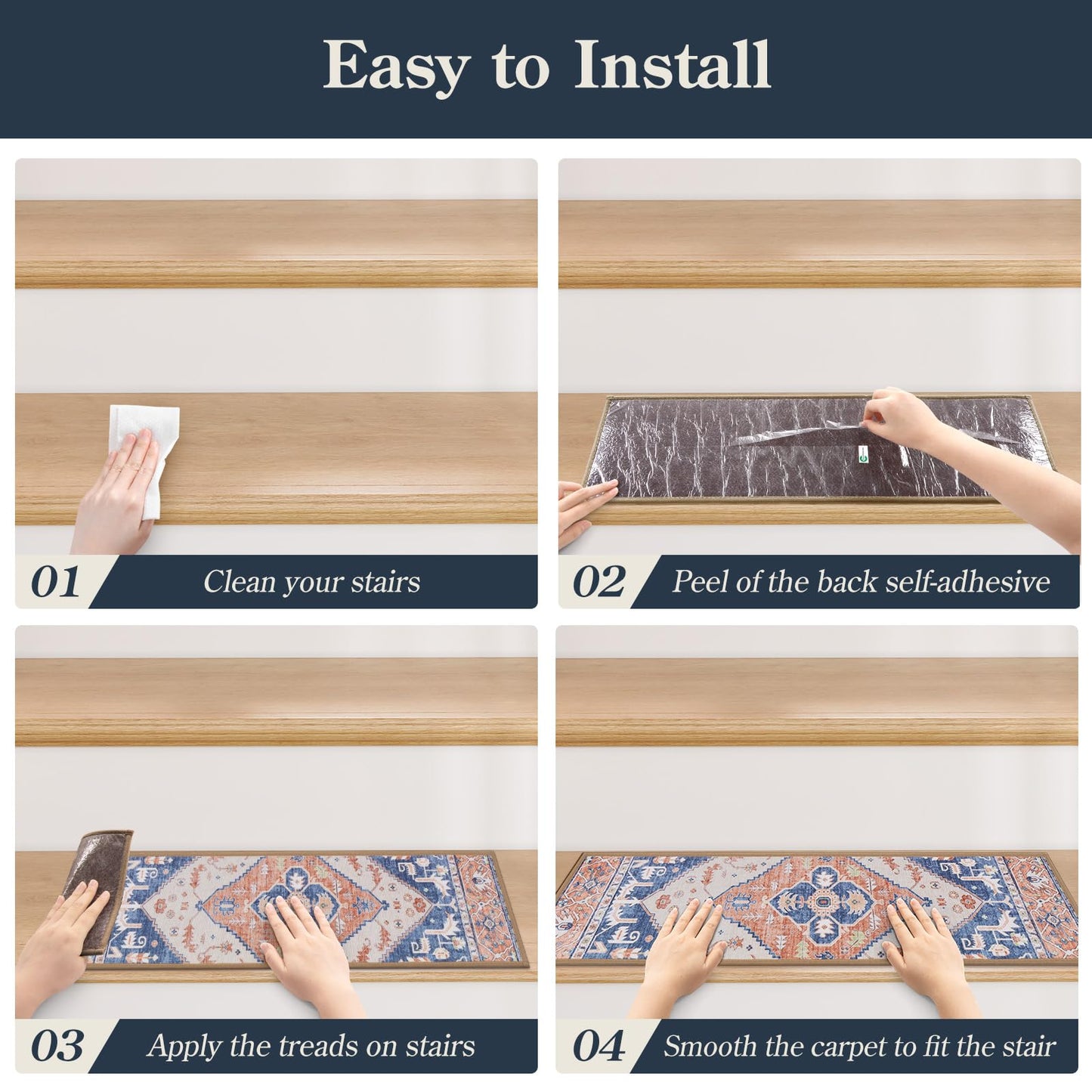 Lahome Non Slip Peel and Stick Stair Treads 15 Pack 8" X 30" Carpet Treads for Wood Stairs, Washable Self Adhesive Mat Edging Staircase for Tenant Defend The Steps from Scratches Dorie,Blue-Tan