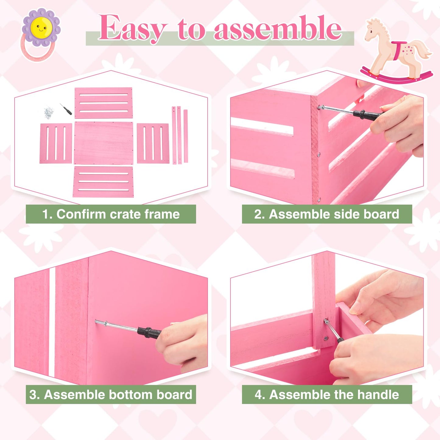 Suzile Wooden Baby Shower Crate Closet Wood Basket for Gifts with Handle Boy Girl Clothes Gender Reveal Storage Box for Newborn New Parent(Pink)