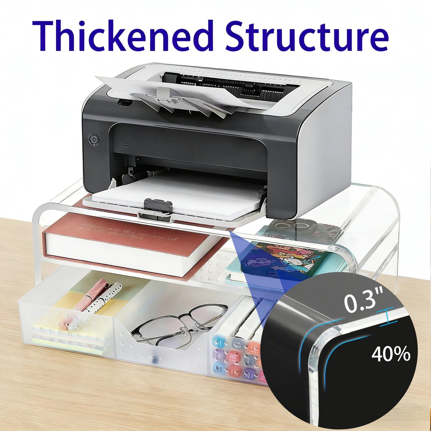OPNICE Acrylic Clear Desk Organizers and Accessories, 2-Tier Computer Monitor Stand Riser with Drawer, Laptop Stand, Office Desk Accessories for Office Supplies, Transparent