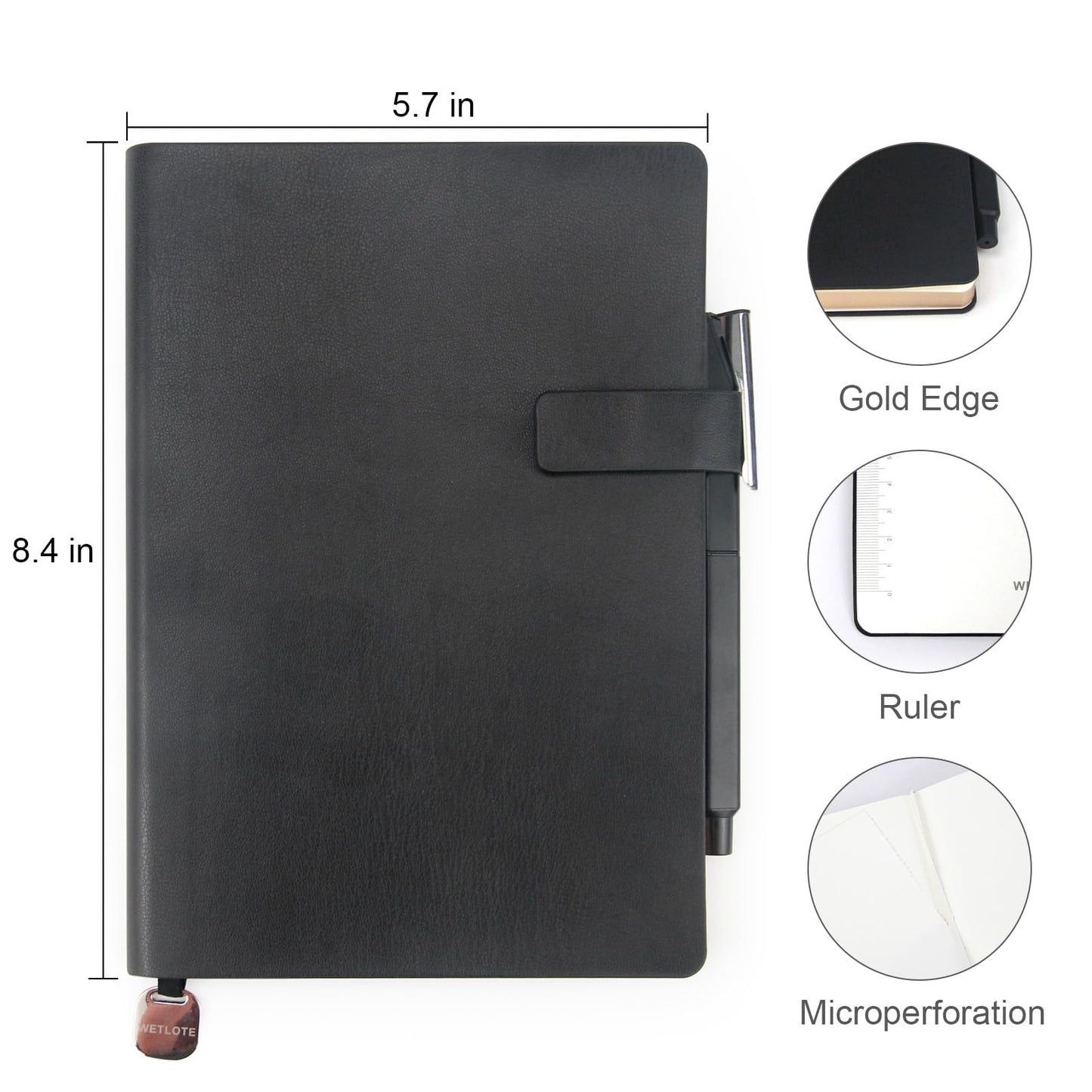 WETLOTE Soft Cover Leather Journal Notebook A5 Dotted 212 Pages 5x8.25 Inches with Strap Closure Travel Work School Writing Journaling Notebooks for Women Men Gift Box Packaging Black