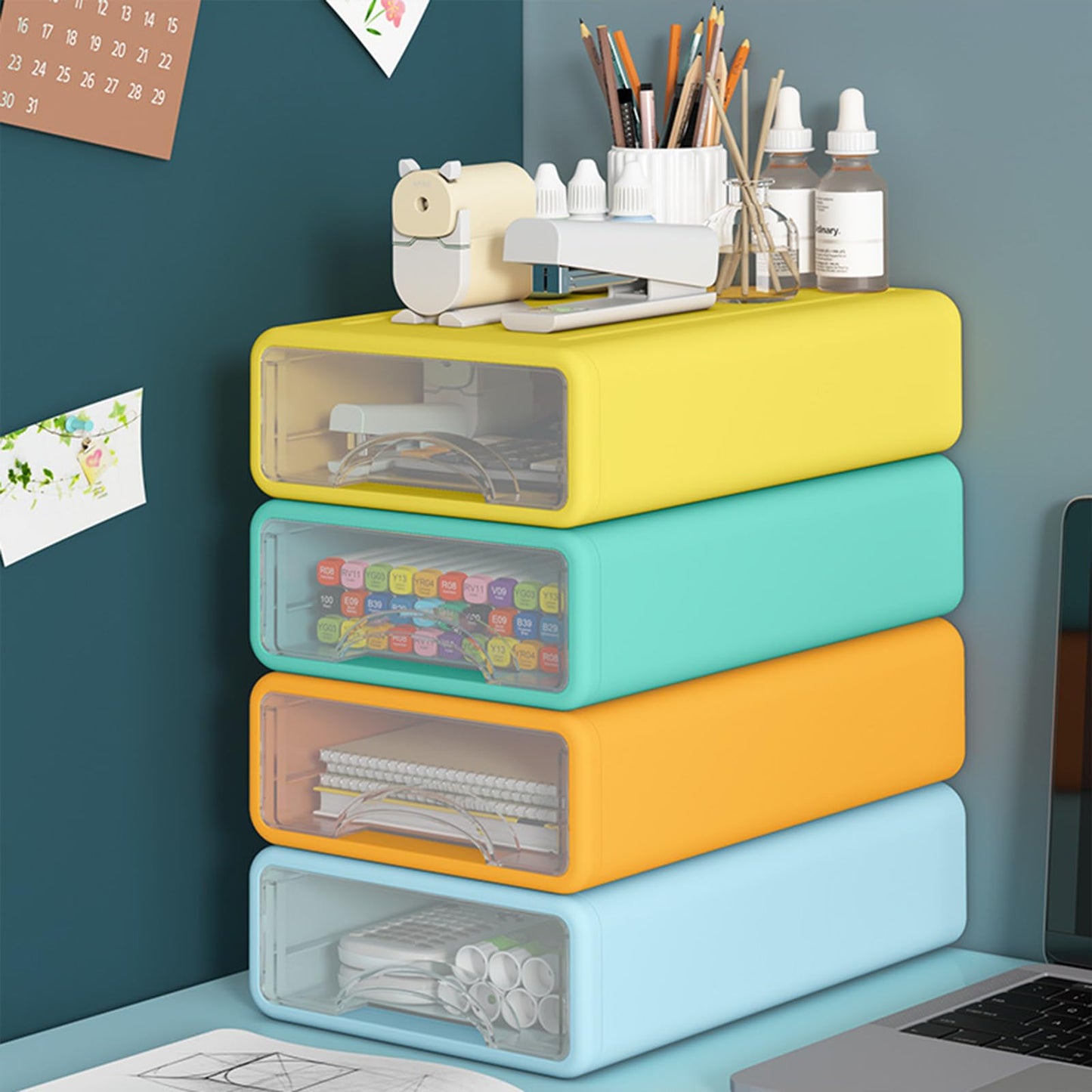 Desk Organizer with Drawers, Stackable Storage Drawers with Compartments Desktop Organization for Office Supplies, Makeup, Pencils, Tape, Erasers, Paperclips, Chargers (4 Pack)