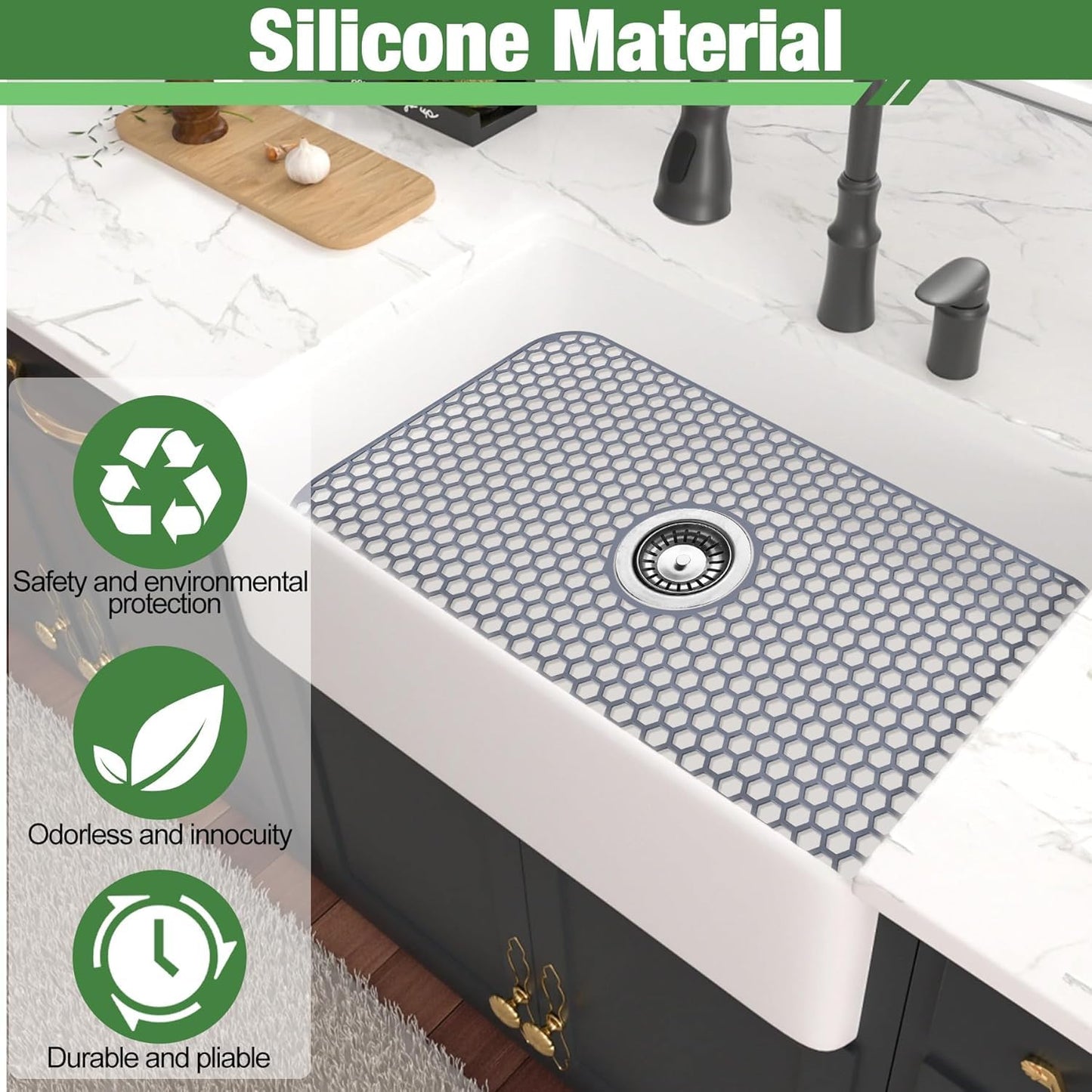 Sink Protectors Mat - 25.79"x13.98" Kitchen Sink Pad for Bottom of Basin for Protection of Stainless Steel and Tableware, Farmhouse Rubber Basin Mat Protector with Center Drain - Light Gray