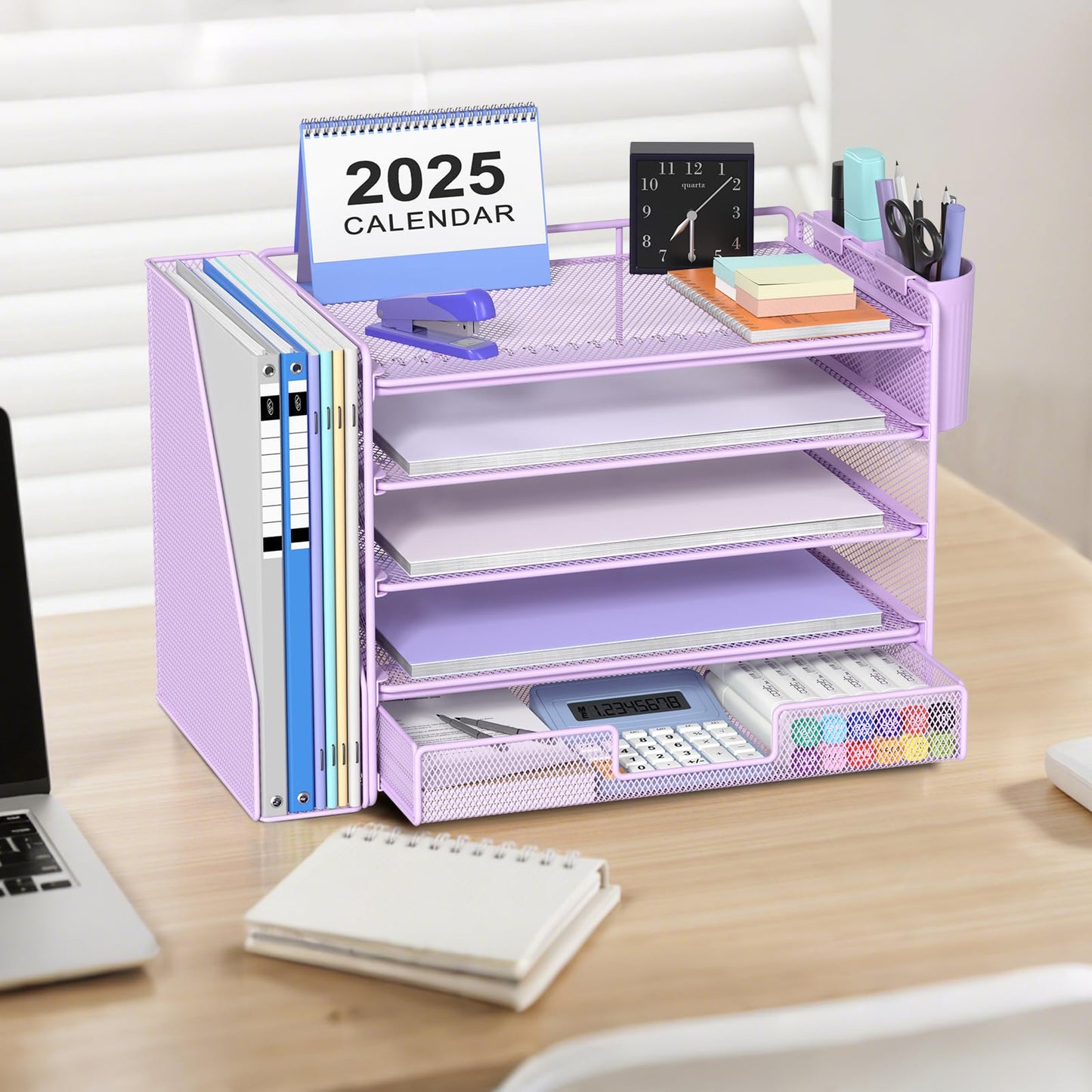 OPNICE Desk Organizer, 5-Tier Paper File Organizer with Drawer & Pen Holder, Office Desk Accessories, Workspace Desktop Organizer for Office Supplies(Purple)