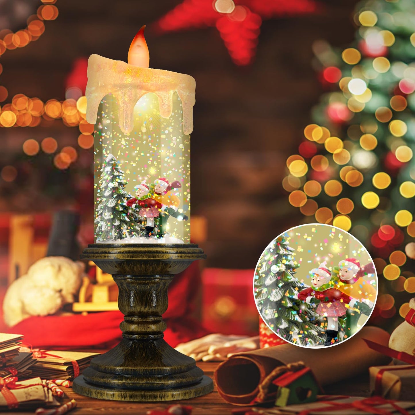 AOMIL Christmas Flameless Candles, Flickering LED Candles with Timer, Snow Globe Candle Lights for Christmas Decorations