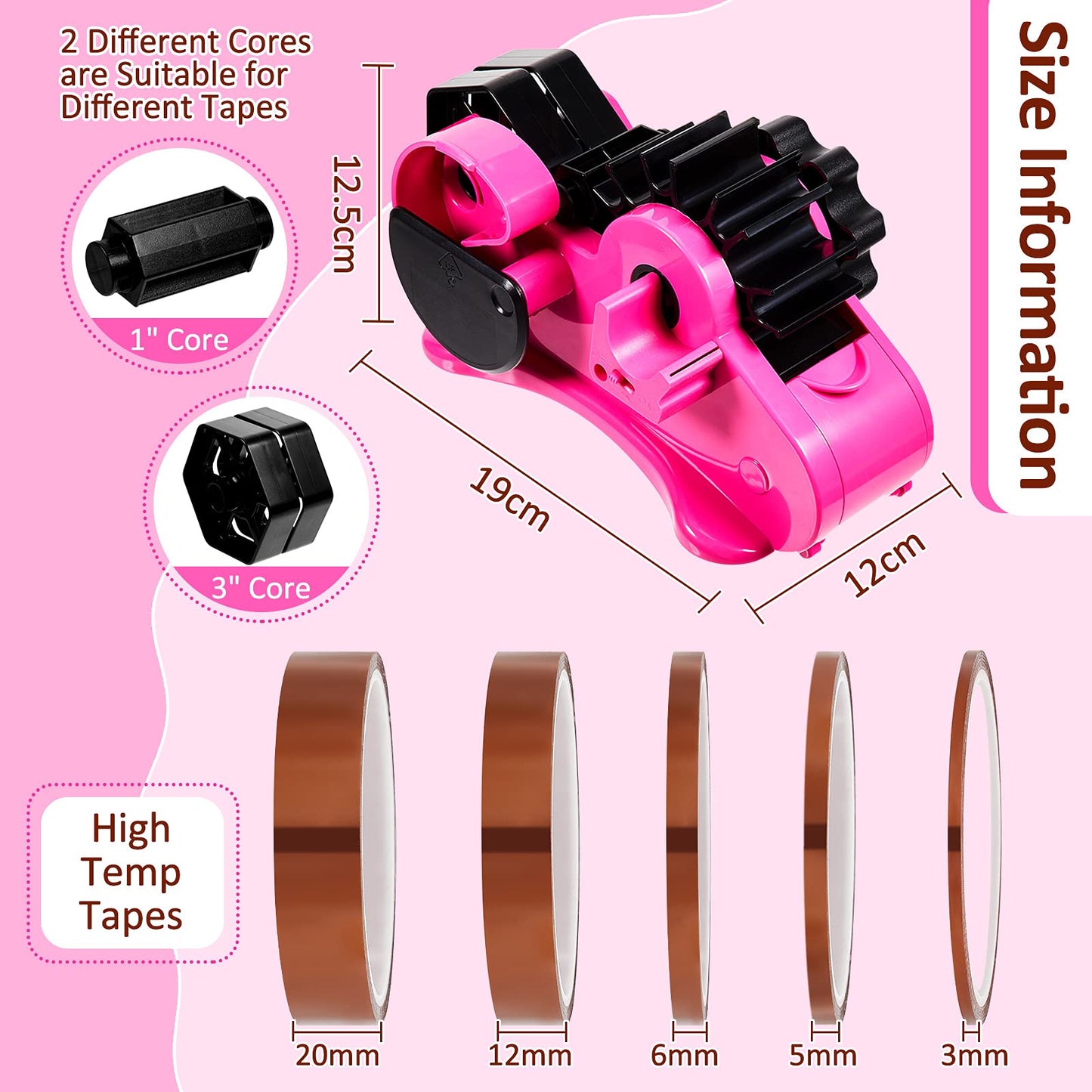 Multiple Roll Cut Heat Tape Cut Dispenser Resistant Sublimation Desk Dispenser with 5 Pieces High Temp Multi-Size Heat Press Tape for Industrial Use, Solder(Pink)