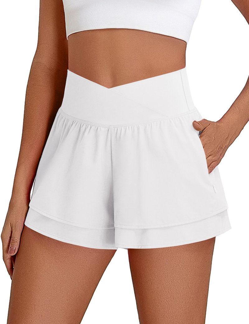BMJL Womens Athletic Running Shorts High Waisted Crossover Workout Short with Pocket 3"