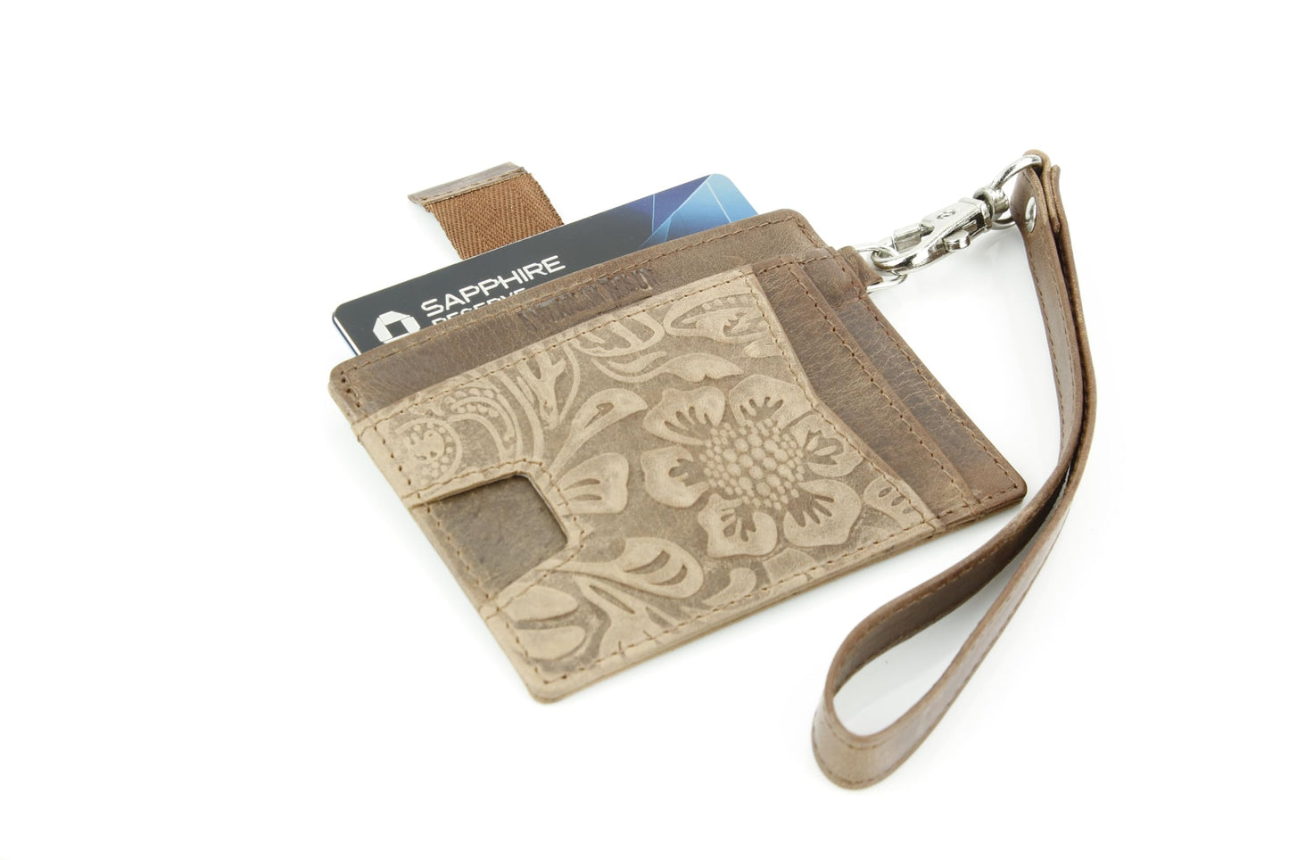 American Bison Embossed Floral Wristlet Wallet for Women – Small ID Card Holder with Credit Card Slots & Pull Tab Organizer – Compact Leather Wrist Strap Clutch (Brown)