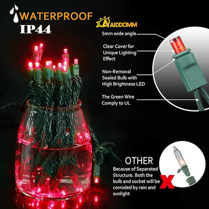 100 Counts LED Christmas Lights - 50 ft 5mm Red Commercial Grade Waterproof Indoor/Outdoor String Lights, Green Wire Mini Lights for Tree Decorations, UL, IP:65