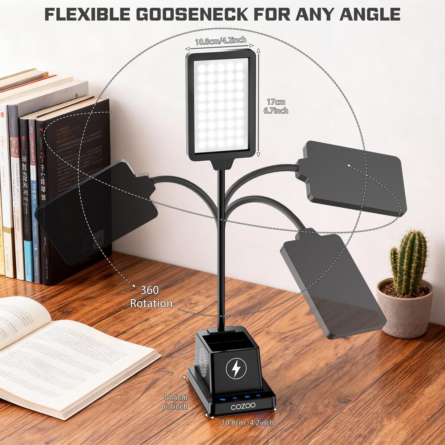 cozoo LED Desk Lamp for Home Office, 15W Bright Desk Light with Wireless Charger Pen Holder, Gooseneck Small Table Lamp for Bedroom, Study, Reading, Work, Task, Craft, College Dorm Room Accessories