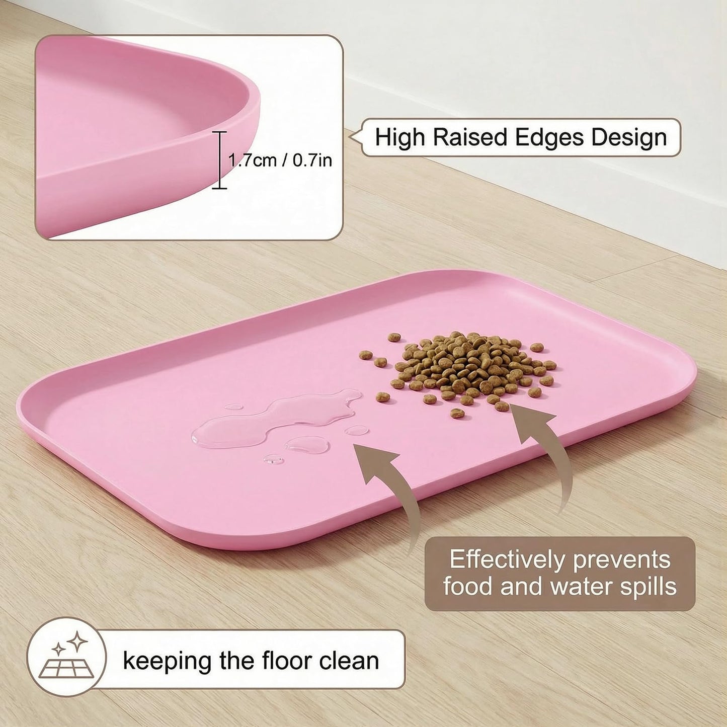 BLESWIN Waterproof Silicone Pet Feeding Mat Pink with Raised Edge,24" x 16"Non-Skid Spill Proof Dog Bowl Mats, Easy Clean Cat Bowls Placemat for Cats and Dogs