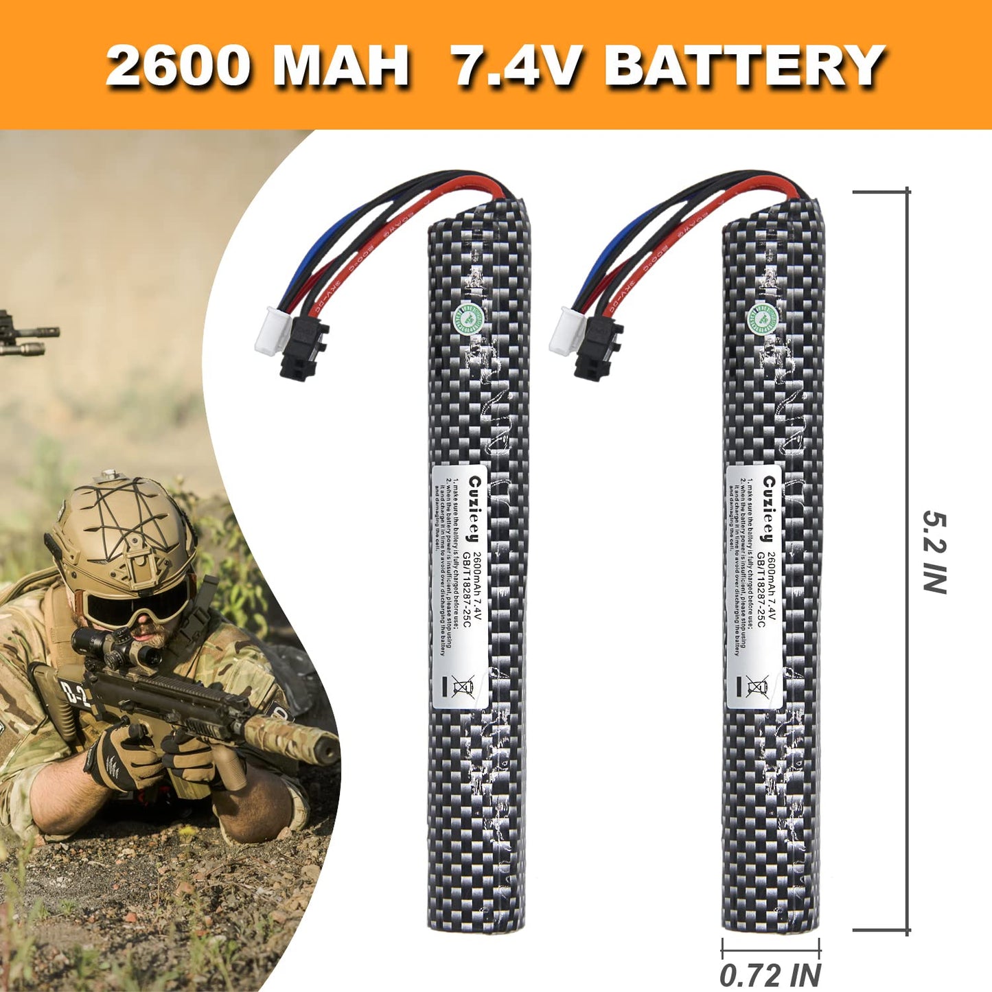 Cuzieey 2 pcs 7.4V 2600mAh Gel-Gun Battery SM2P Plug: Lipo Battery for Splatter Balls - Compatible with SRB1200, SRB400, SRB400-SUB, MP5K, M4 and M110 Water Bead Blaster