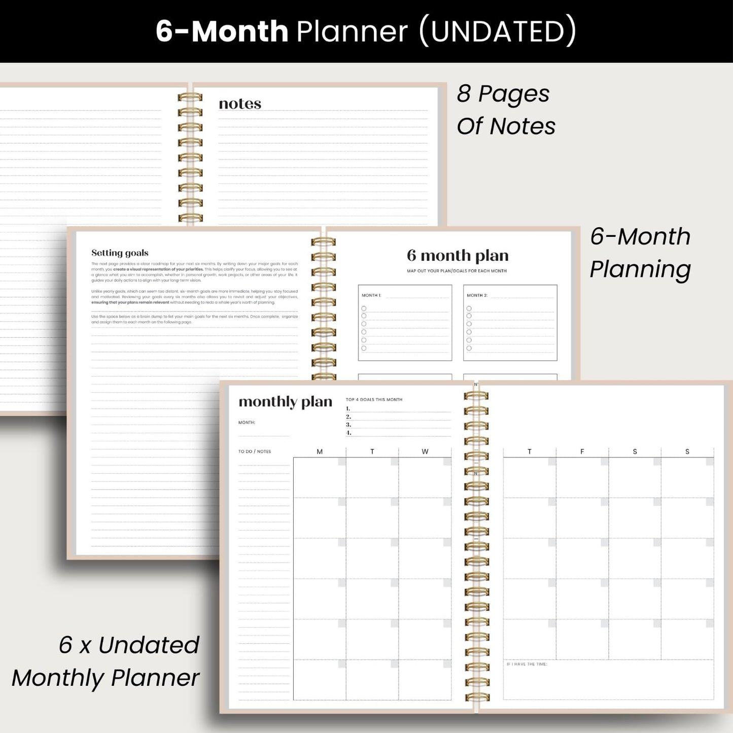 Undated Daily Planner | 2026 Calendar | Large Daily and Monthly Planner with Hourly Schedule, 8.5" x 11" | 6 Month, Full Page a Day, To do List, Time Blocking, Beige Aesthetic Hardcover Spiral Notebook