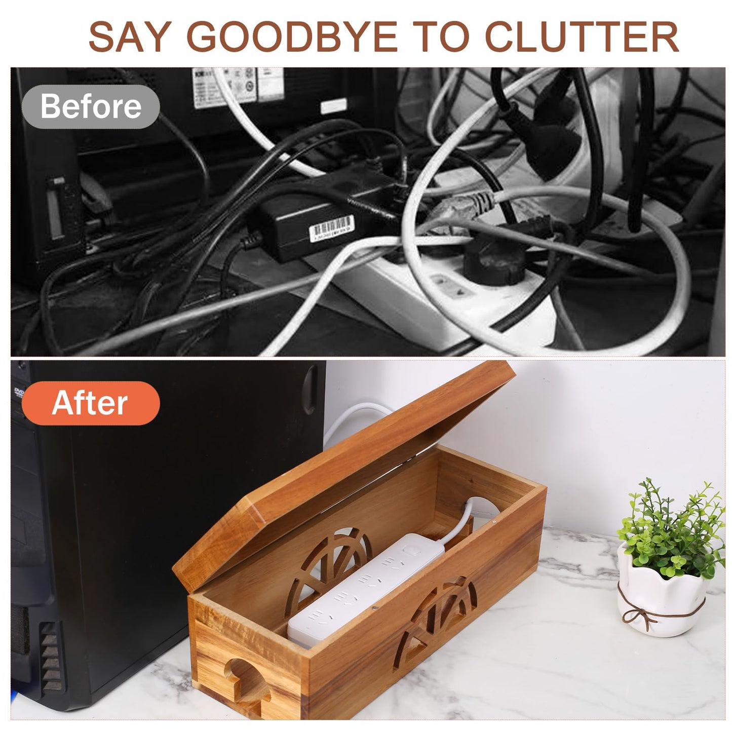 Wood Cable Management Box - 15.8" (L) x 6" (W) 5.5" (H) Acacia Wood Cable Hider Box, Cord Hider with Magnet Design & Outlet Hole, Power Strip Surge Protect & Organizer for Home Office Kitchen TV Wires