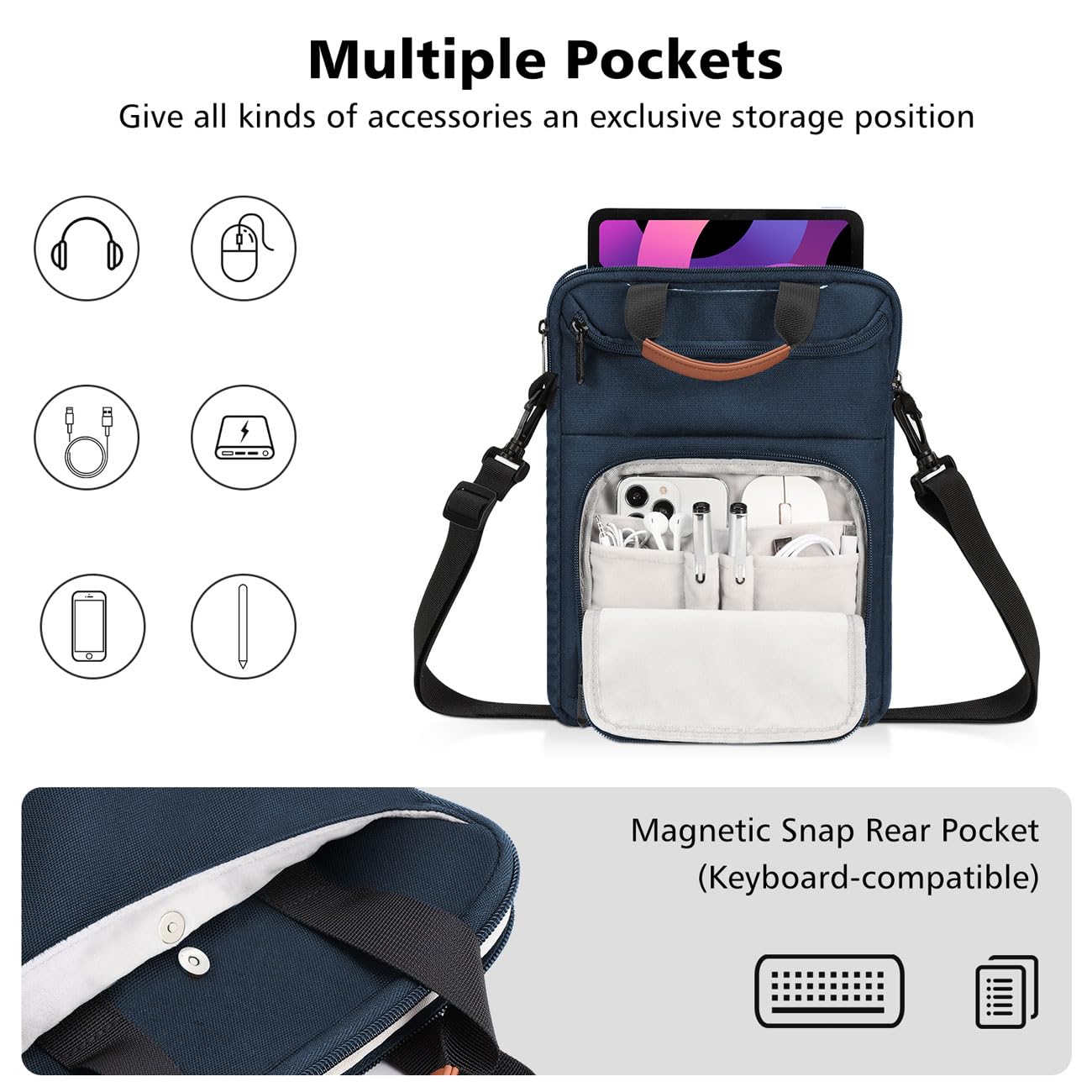 MoKo 9-11 Inch Tablet Sleeve Bag - Carrying Case Fits iPad Air, Pro 11, Tab S8/S9, with Shoulder Strap, Handle and Pockets, Indigo