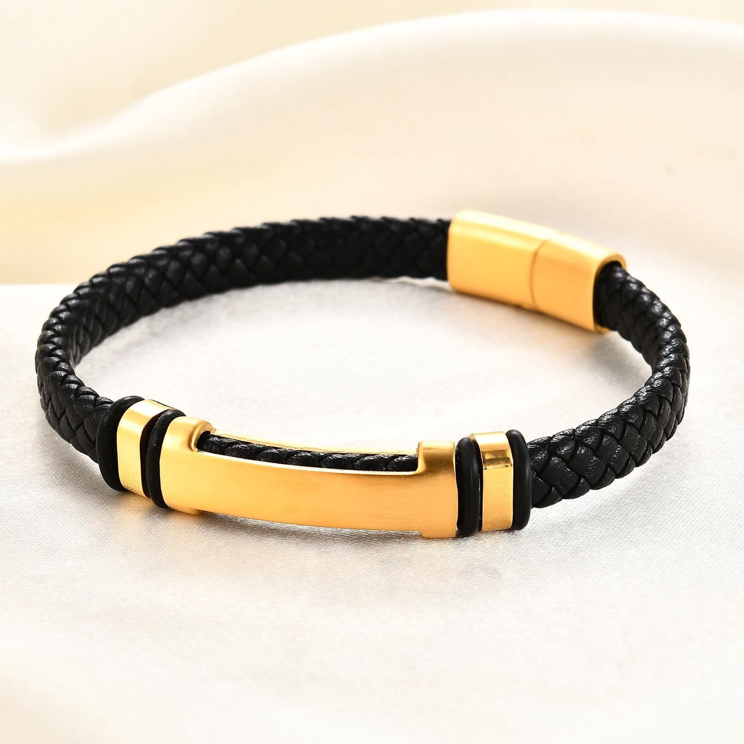 MYNENEY Stainless steel tiger eye stone cuff leather bracelet with bead, hand woven double-layer men's bracelet (Brand-Gold, 9, Inches)