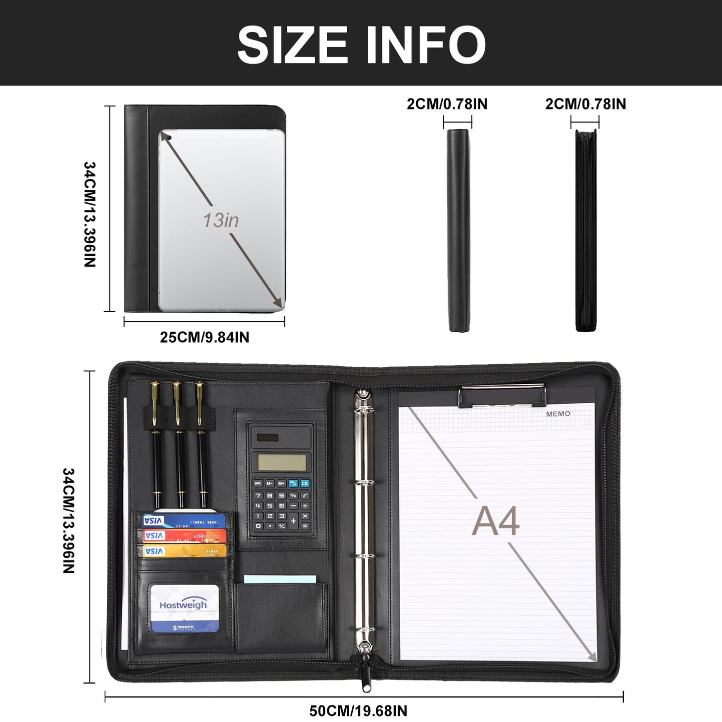 Leathario Portfolio Binder, Includes 10 Sheet Protectors and a Pen, 13 Inch Tablets Organizer, Vegan Leather A4 Padfolio, Multi-Pocket Notepad Business Planner Professional 3 Ring Document