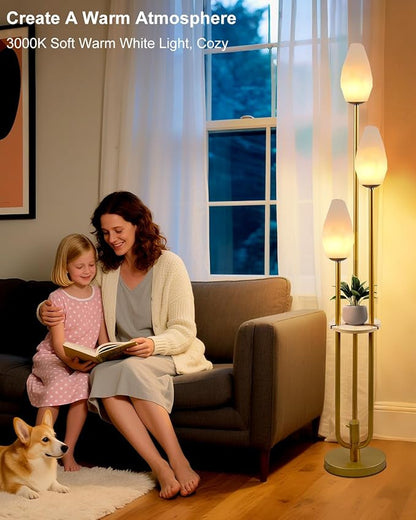 Lightdot Gold Floor Lamp with Tray, 3-Lights Dimmable Floor Lamps with Rock-Shaped Shade, Unique Candle Holder Style Modern Tall Lamp for Living Room/Party(Bulbs Included)