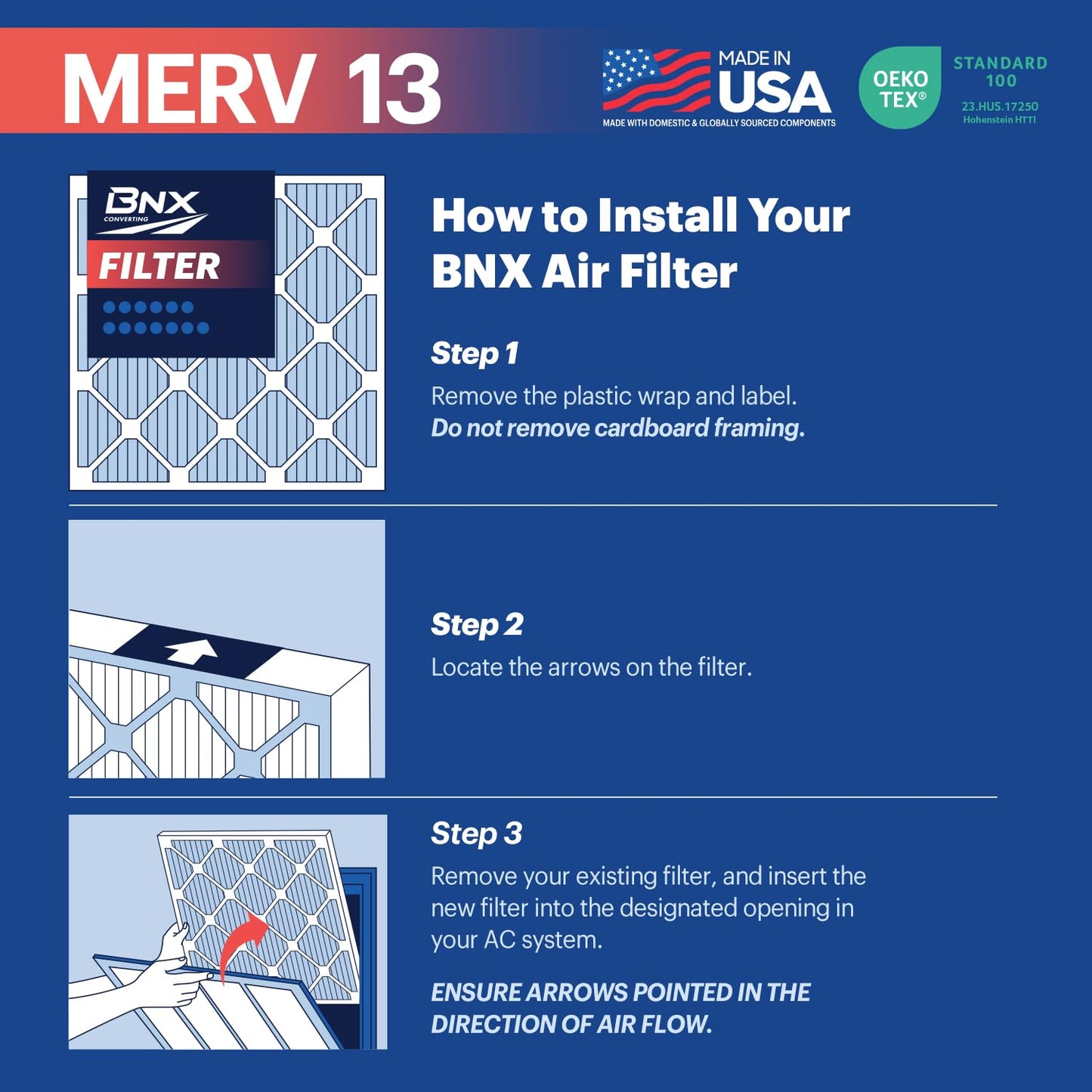 BNX TruFilter 20x20x1 MERV 13 (4-Pack) AC Furnace Air Filter - MADE IN USA - Electrostatic Pleated Air Conditioner HVAC AC Furnace Filters - Removes Pollen, Mold, Bacteria, Smoke