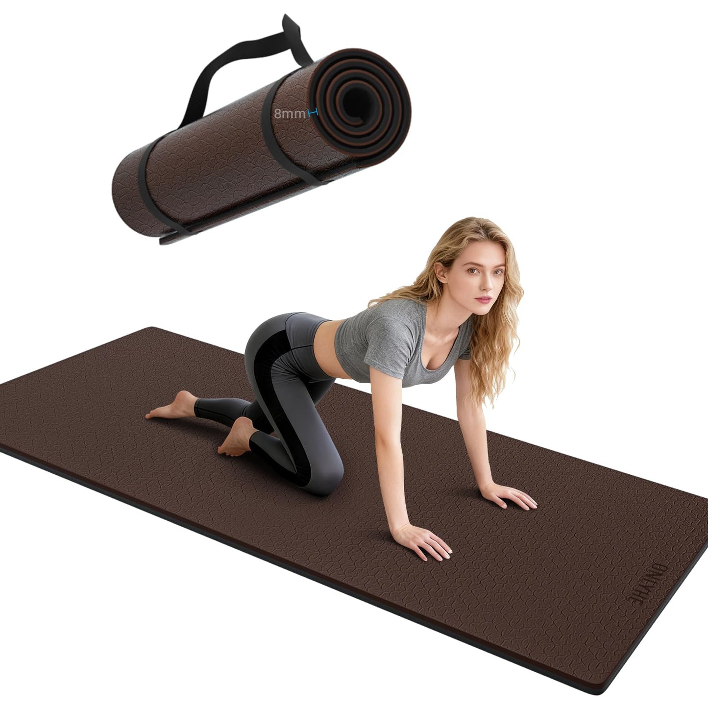 ONLYHE Yoga Mat Thick (8mm) Exercise Mat Non-Slip Ripstop Pilates Mat for Women and Men for Home, Barefoot Workout and Floor Workout with Strap (71 x 24 inch) (Dark coffee + black)