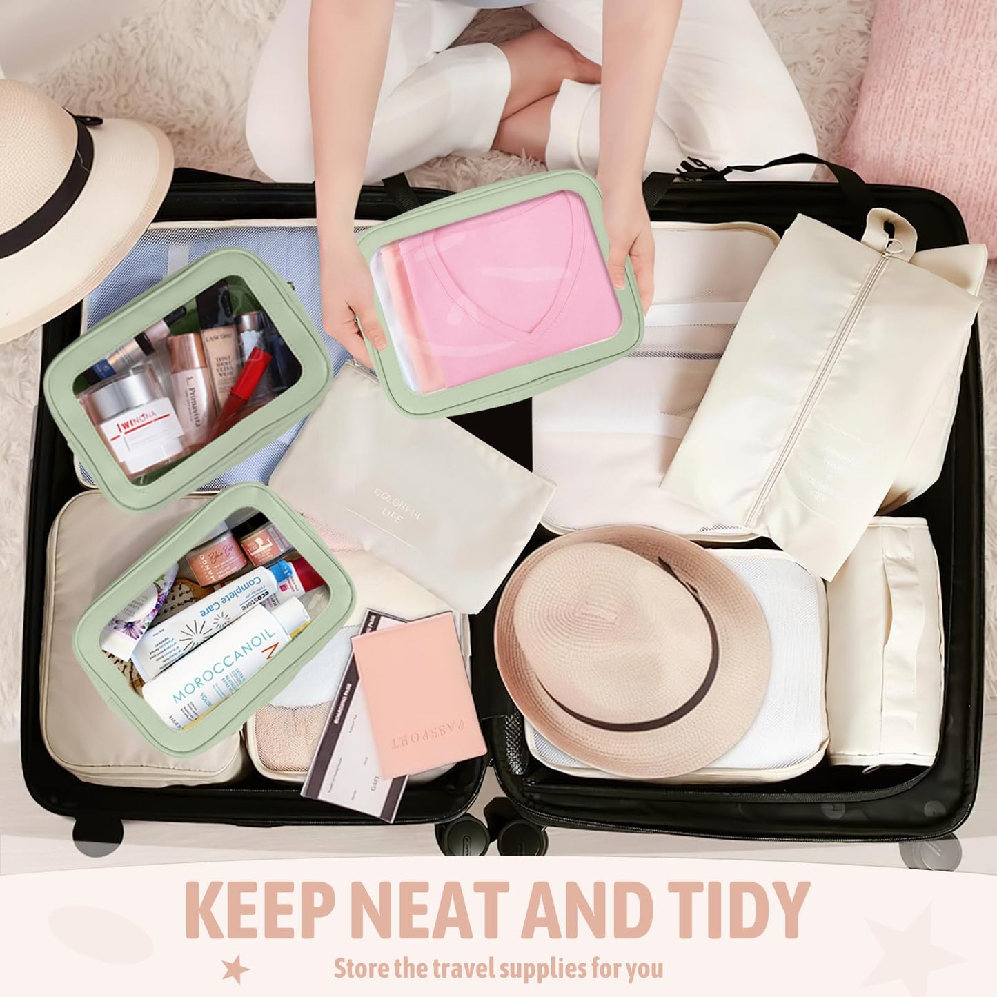 YOPCDJ 3PCS Clear Toiletry Bag,TSA Approved Travel Pouch with Zipper for Cosmetics and Toiletries，Diaper Bag Organizer Pouch Set, Purse Organizer and Clear Car Bag for Women and Kids