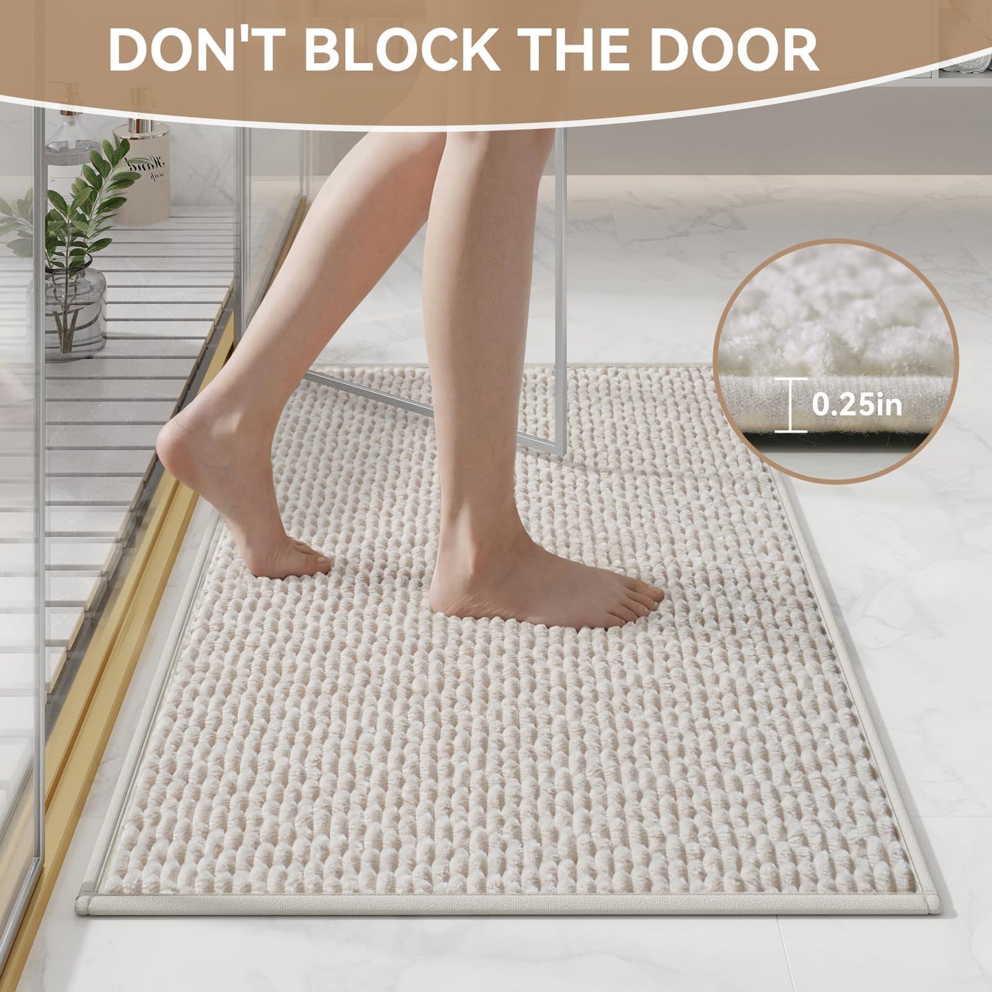 QiCaiJia 16x24 Extra Soft Chenille Bathroom Rugs - Non Slip Quick Dry Absorbent & Washable Bath Mat, Thin Low Profile Fit Under Door, Shower Mat for Outside Shower - Beige
