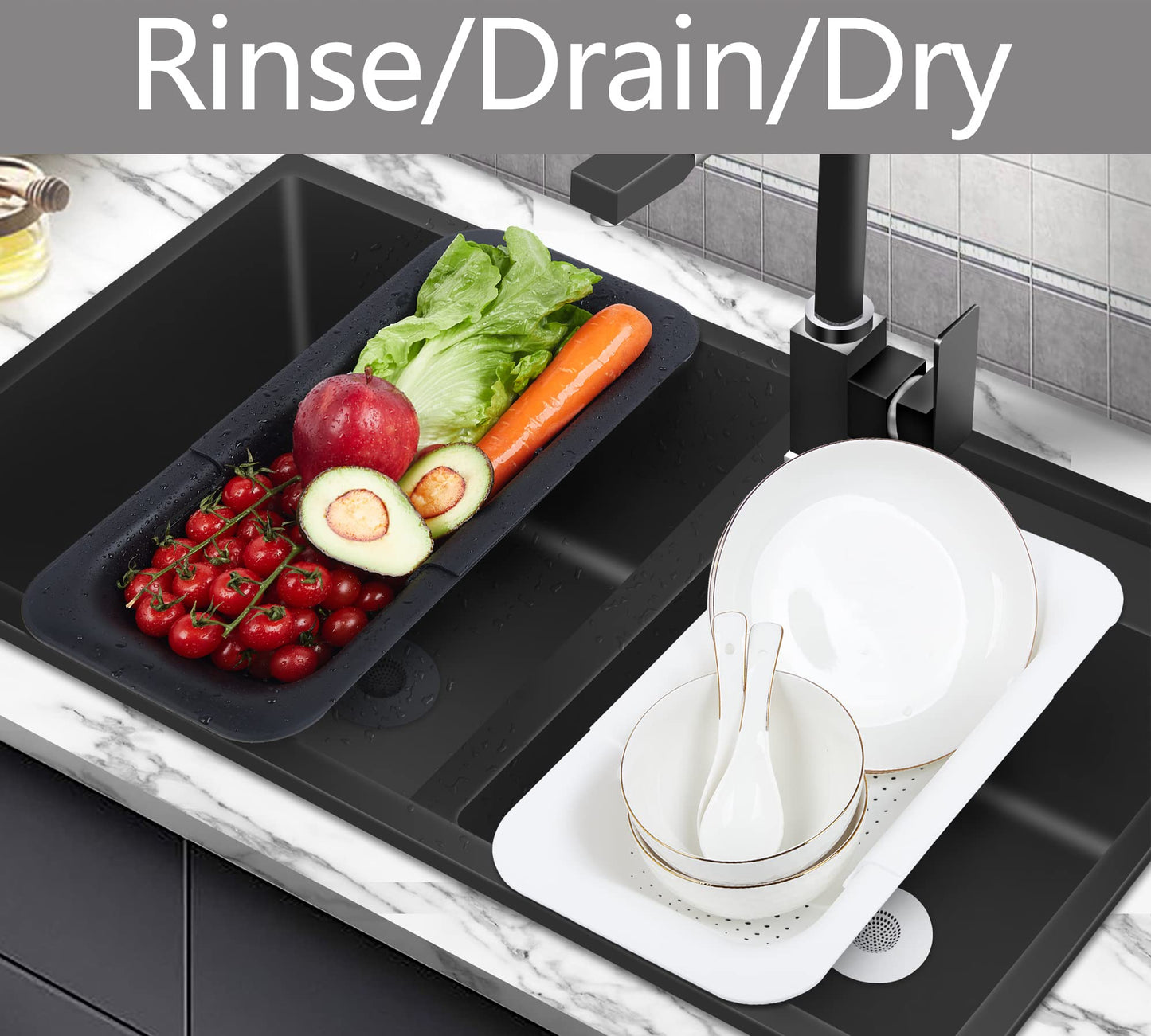 Adjustable Over the Sink Colander Strainer, Silicone Clip On Strainer for Pots Strainers and Plastic Colanders Drainer Basket for Food Pasta Vegetables Kitchen, Extendable 14.5"-19.5", Green