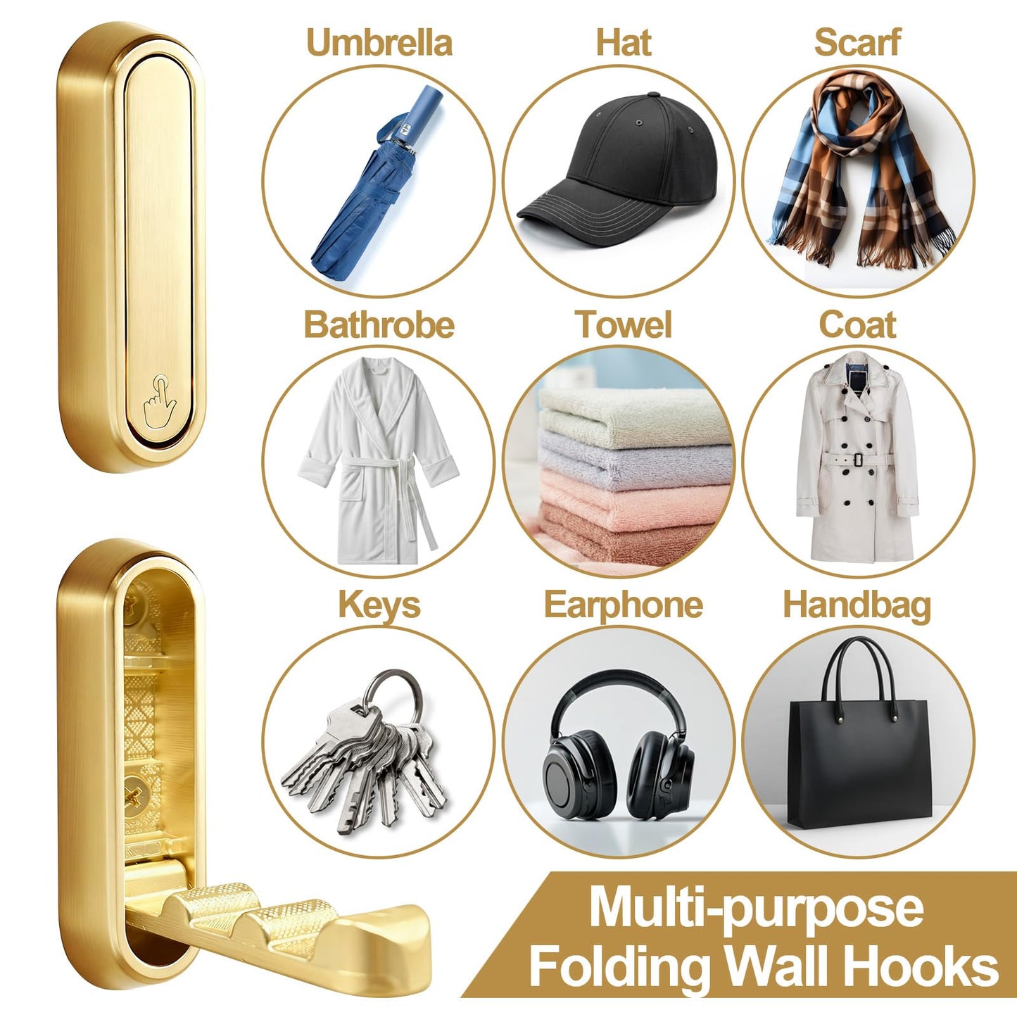 Fevont 6 Pack Folding Wall Hooks – Heavy Duty Gold Coat Hooks, Foldable Zinc Alloy Wall Mount Hooks for Hanging Coats, Hats, Towels, Bags, Keys, Robes, Christmas Socks & Wreaths – Holds up to 55 lbs